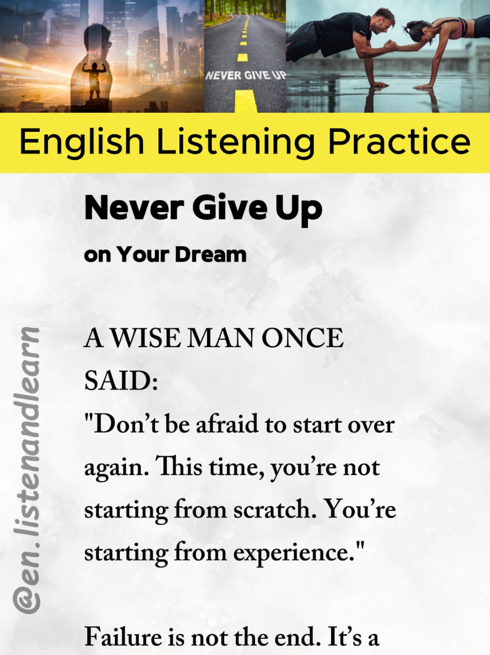 Never Give up on your Dreams Improve your English skills by listening 🎧 and speaking 🗣️ practice by English narration and short story  #englishlistening #englishstory #dailyenglish #englishpractice #nevergiveup🔥💪🖤 #chaseyourdreams #keepgoing #dreambigworkhard #startagain 