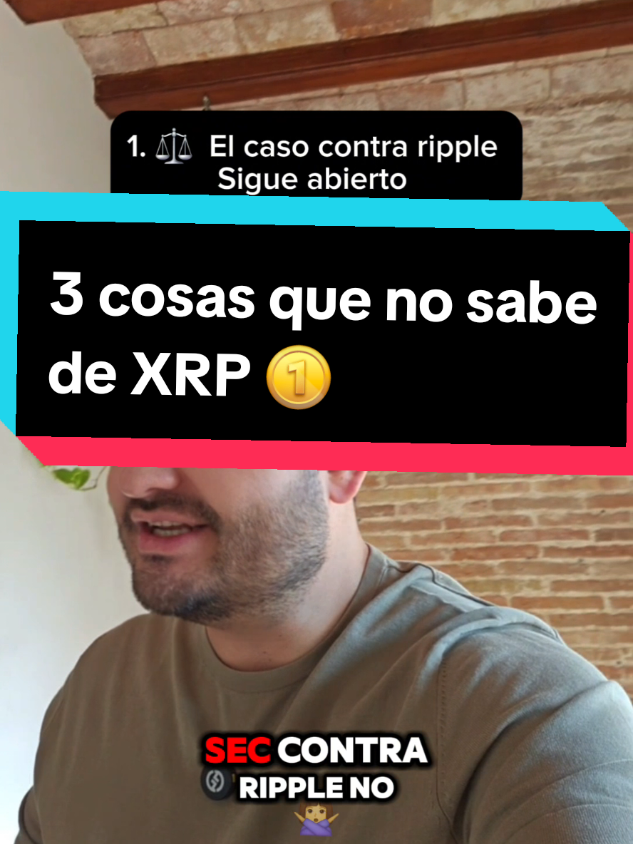 3 cosas que usted probablemente no sabe de XRP #xrp #xrpripple #bitcoin #crypto #finanzas #dinero #inversiones #criptomonedas  Estas son 3 cosas que usted probablemente no sabe de XRP  Número 1. La demanda de la SEC contra Ripple, no ha terminado del todo.  No le haga caso a los falsos gurús del tiktok que le dicen que XRP ya ganó la demanda por completo. Eso es bullshit.  El caso aún no está cerrado. De hecho,  La decisión de julio de 2024 solo fue parcial. El juez falló a favor de Ripple al declarar que las ventas de XRP en exchanges no eran valores, pero la SEC está apelando esta decisión y el caso sigue avanzando en tribunales superiores.  Número 2:  Ripple tiene acuerdos muy importantes con bancos y gobiernos  La tecnología de Ripple es utilizada por más de 300 instituciones financieras en todo el mundo, incluyendo bancos y entidades gubernamentales. Algunos ejemplos son el Banco Santander y SBI Holdings que  utilizan RippleNet para transferencias internacionales.  Además, El gobierno de Bután está probando su moneda digital con tecnología de Ripple.  Número 3: XRP no depende exclusivamente de Ripple  A diferencia de lo que muchos creen, XRP es independiente de Ripple Labs. Aunque Ripple es el principal promotor de XRP, XRP opera en una red descentralizada llamada (XRP Ledger), que es de código abierto y no puede ser controlada por ninguna empresa, ni siquiera por Ripple.  Esto significa que XRP seguiría funcionando incluso si Ripple desapareciera.  Si en el 2025 el resultado de la apelación de la SEC es favorable para XRP, podríamos ver una explosión de precios monumental. Sin embargo es importante que maneje sus expectativas y entienda que si la decisión es negativa, el potencial de caída es bastante fuerte también.  Este es el momento de prestar atención Sharks 