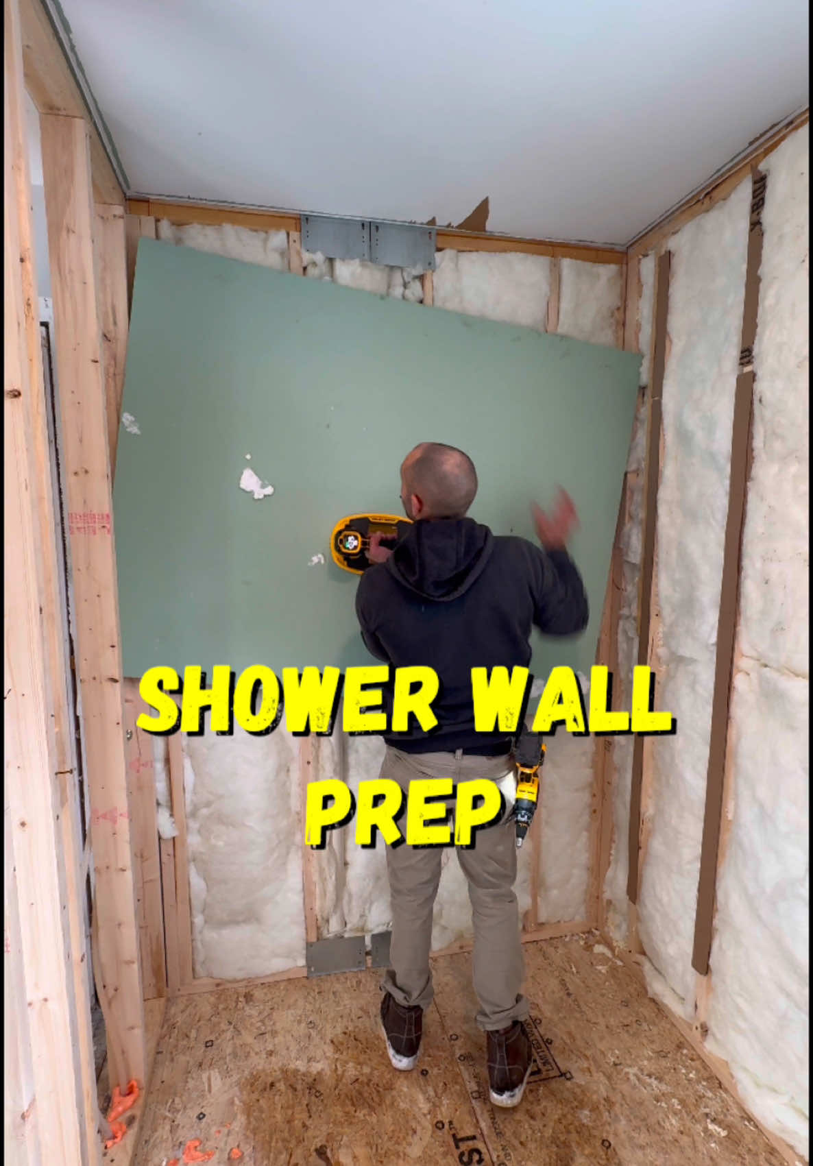 Prepping the walls to be flat, plumb and square is key for an easy shower install later.  #remodel #construction #homerenovation #woodworking #howto #tools #DIY #carpentry #construction #homeremodeling #hgtv #tooltips #constructiontips #diytools 