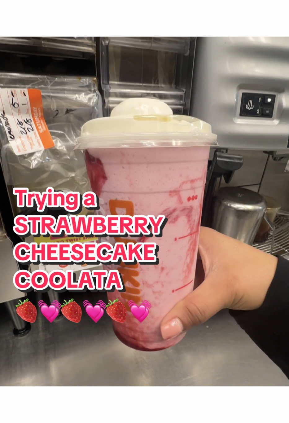 Trying a STRAWBERRY CHEESECAKE COOLATA 🍓💓🍓💓🍓💓  NOT ON DD MENU: how to order : size small  • 2 pumps vanilla bean • 2 pumps strawberry Coolata  • 2 pumps toasted almond shot  • made with cream  • add cold foam  #dunkin #dunkindonuts #dunkindrinks #foryoupage #fypシ #working2jobs #doubleshift #dentist #dentalreceptionist #dentaloffice #receptionist #morning #coffee #coffeetiktok 