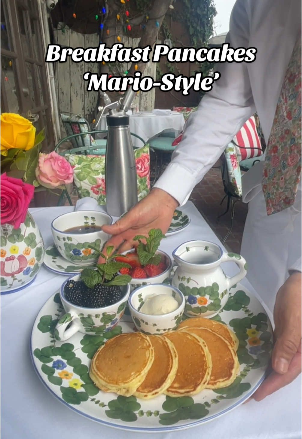 We love Mario style pancakes, with fresh fruit, chocolate fudge sauce and topped off with cream #pancakes #dessertideas #theivy 