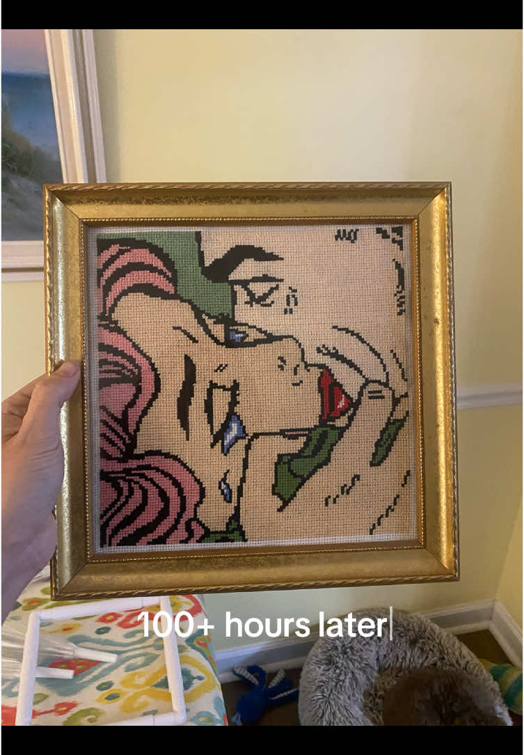 Riff on Kiss V by Lichtenstein… a bittttt ambitious for a first project  🧵🪡 #crossstitch #newhobby #lichtenstein #popart #fyp #crafting #needlepoint