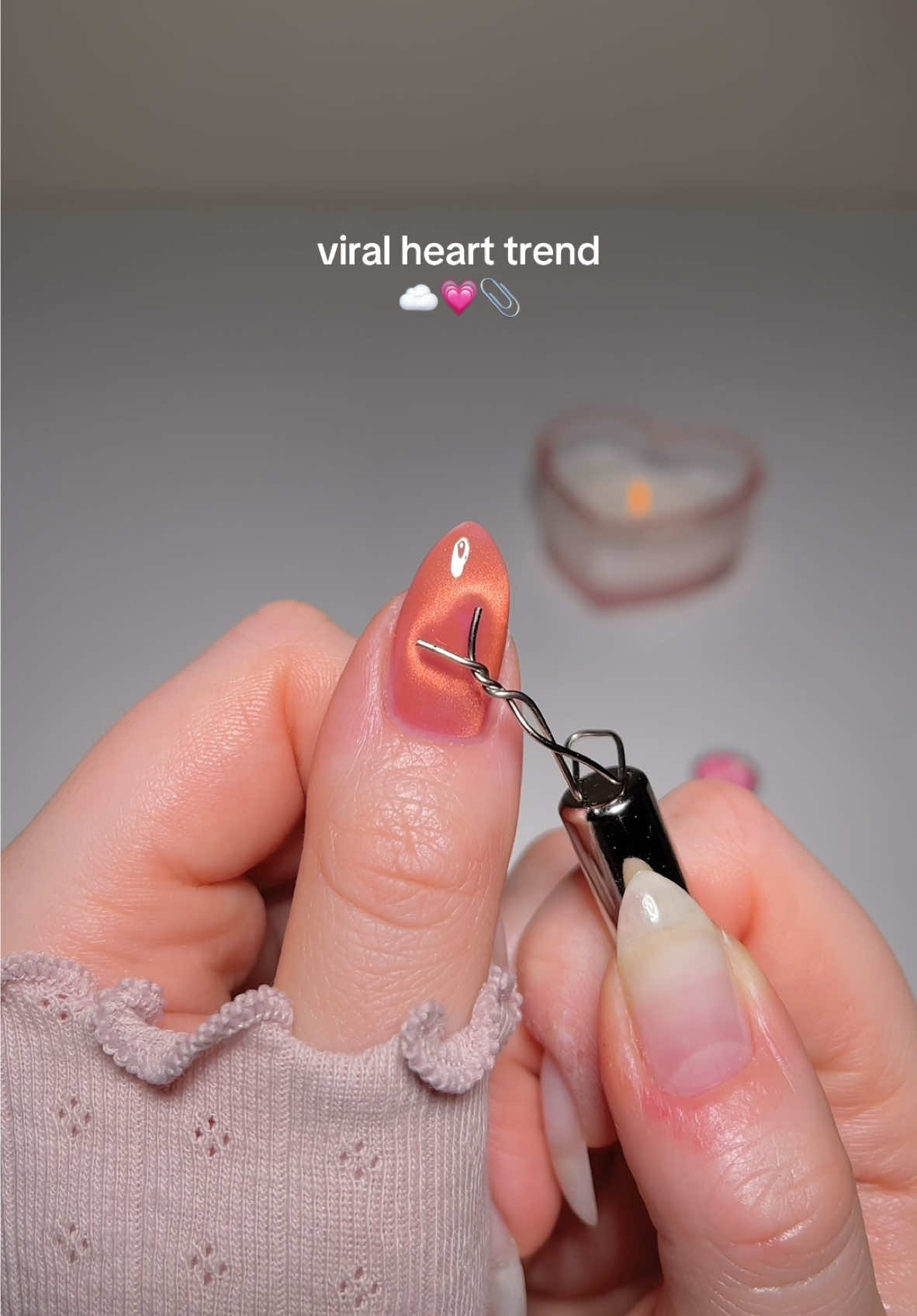 paperclip heart nail trend 💗 tips in caption 👇🏻 • The type of paper clip matters. It has to be the right metal. I have linked the ones I used in my amazon sf.  • I would also use a fine cateye gel polish because the heart will look more defined.  • Make sure you have a strong magnet as well.  • Shift the cateye gel to exactly where you want the heart to be.  • I wish I would have flash cured it when I got the heart because when I lifted my paper clip I would loose the heart. So try that! 💗  I have gathered all of this info from lots of different nail techs which has been really helpful for me so credit to everyone honestly. I hope it helps youuu! 🫶🏼 Everything I used is from @Daily Charme 🤍 code KATIESNAILS #nailinspo #valentines #heartnails #cateyegel #asmr #nailtutorial