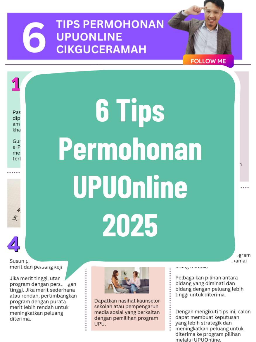 6 Tips permohonan UPUOnline dari Cikgu Haziq Azree 🤙 1. Semak Syarat Am & Syarat Khas Pastikan program yang dipilih memenuhi syarat am universiti serta syarat khas program tersebut. Gunakan UPUPocket dan e-Panduan untuk mendapatkan maklumat terkini. 2. Pilih Program Yang Diminati Pilih bidang pengajian yang sesuai dengan minat dan kecenderungan. Jika tidak pasti, gunakan ujian e-Profiling (boleh diakses melalui laman https://eprofiling.mohe.gov.my/) untuk mengenal pasti bidang yang sesuai. Semak Trend Permohonan dan Tawaran UPUOnline untuk melihat rekod sesi terdahulu. Rujuk jumlah permohonan semasa (Real Time) untuk mengetahui populariti program tersebut. 3. Semak Purata Merit Merit dikira berdasarkan akademik (90%) dan kokurikulum (10%). Gunakan kalkulator merit untuk membandingkan merit peribadi dengan purata merit program yang dipilih. Pastikan pilihan program sejajar dengan merit calon untuk meningkatkan peluang diterima. 4. Susun Program Mengikut Keutamaan Susun pilihan berdasarkan merit dan peluang kejayaan. Jika merit tinggi, utamakan program dengan persaingan tinggi. Jika merit sederhana atau rendah, pertimbangkan program dengan purata merit lebih rendah untuk meningkatkan peluang diterima. 5. Rujuk Kaunselor Dapatkan nasihat kaunselor sekolah atau pempengaruh media sosial yang berkaitan dengan pemilihan program UPU. 6. Memperbagaikan Pilihan Elakkan hanya memilih program yang terlalu kompetitif. Pelbagaikan pilihan antara bidang yang diminati dan bidang dengan peluang lebih tinggi untuk diterima. So korang ikutlah tips ini, supaya dapat buat keputusan yang lebih strategik dan meningkatkan peluang untuk diterima ke program pilihan melalui UPUOnline #upu #upuonline #spm #stpm #edufluencerupu #asasi #matrikulasi #dvm #diploma #politeknik #stam#cikguhaziqazree 