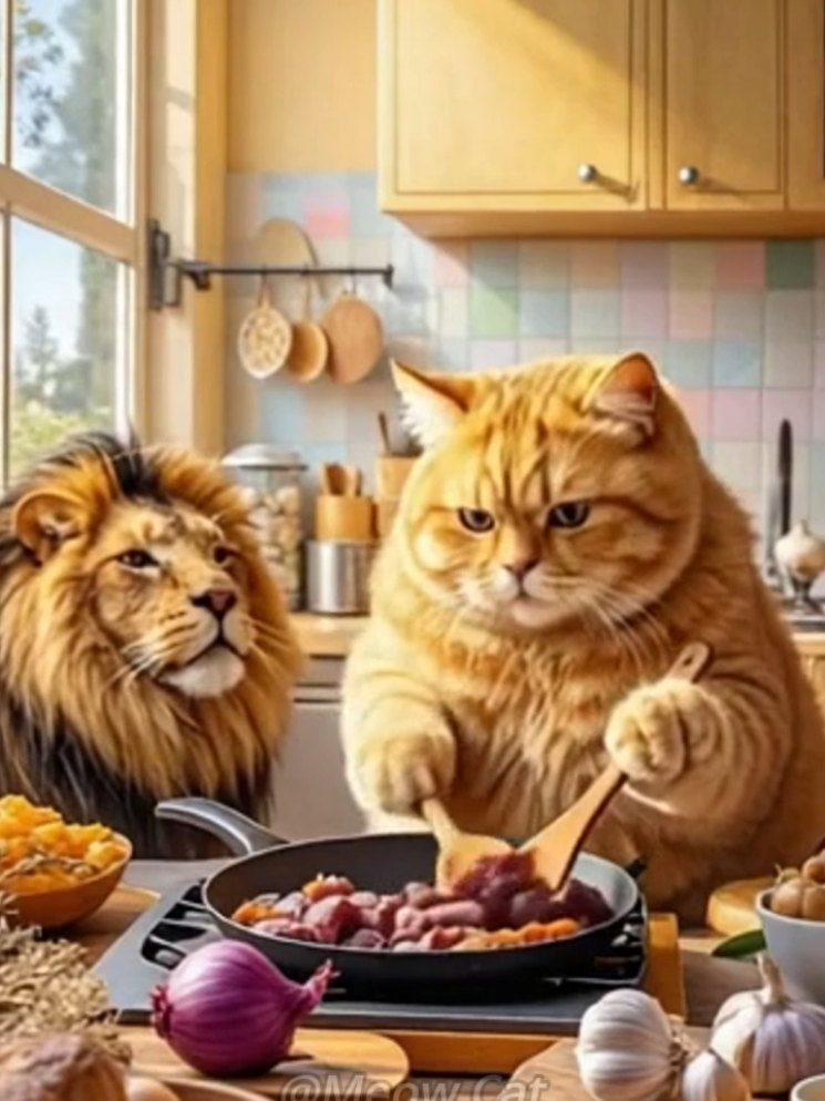Orange cat rescues starving lion 🦁 #foryou #ai #cat #aicat