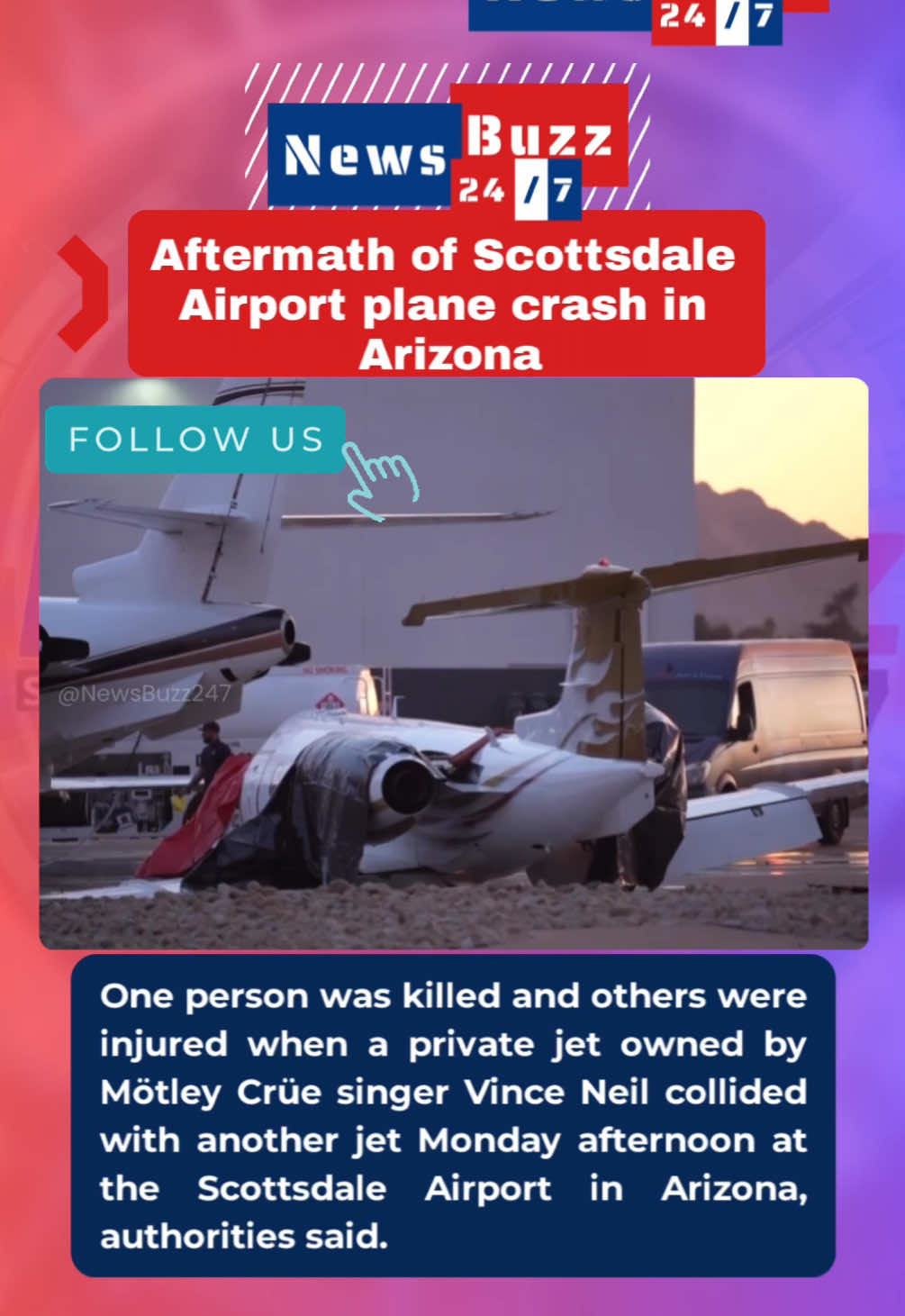 A tragic plane crash at Scottsdale Airport, Arizona, has left one dead and several injured, including Vince Neil's girlfriend, Rain Andreani. The private jet, a Learjet 35A, collided with a parked Gulfstream 200 upon landing, killing the pilot and hospitalizing Andreani and her friend. Fortunately, Motley Cre's frontman Vince Neil was not on board at the time. This heartbreaking incident has shocked fans and the aviation world alike. #VinceNeil #MotleyCrue #PlaneCrash #ScottsdaleAirport #AviationAccident #BreakingNews #NewsBuzz247 #fyf #foryol #recentplanecrash #CelebrityNews #RockLegend