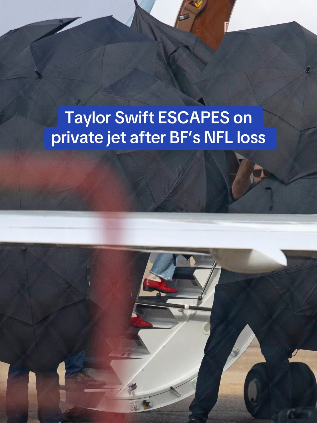 The umbrella army protected Taylor Swift as she left New Orleans in the aftermath of a crushing defeat for her boyfriend, Travis Kelce, at the Super Bowl. Swift had a bit of a tough night after getting booed by fans in attendance, facing the wrath of President Trump on social media, and then watching Kelce and the Kansas City Chiefs suffer a humiliating defeat to the Philadelphia Eagles.  Swift pulled up to her parked private jet on Monday after the Big Game and was protected by a crowd of people holding umbrellas as she boarded the plane so she couldn't be spotted. Swift's plane sat on the runway for 45 minutes before taxiing and taking off - bound for Nashville. Before boarding, a man appeared to carry on some snacks and a tub of cat litter - suggesting that she may have brought her cats along with her. Read more at DailyMail.com  #taylorswift #traviskelce #NFL #neworleans #jet #plane #escape #getawaycar 