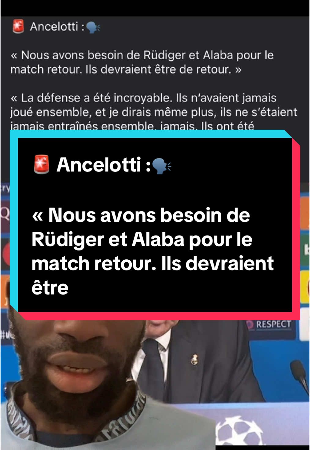 🚨 Ancelotti :🗣️  « Nous avons besoin de Rüdiger et Alaba pour le match retour. Ils devraient être de retour. » « La défense a été incroyable. Ils n’avaient jamais joué ensemble, et je dirais même plus, ils ne s’étaient jamais entraînés ensemble, jamais. Ils ont été brillants. » #FootballAutopsie