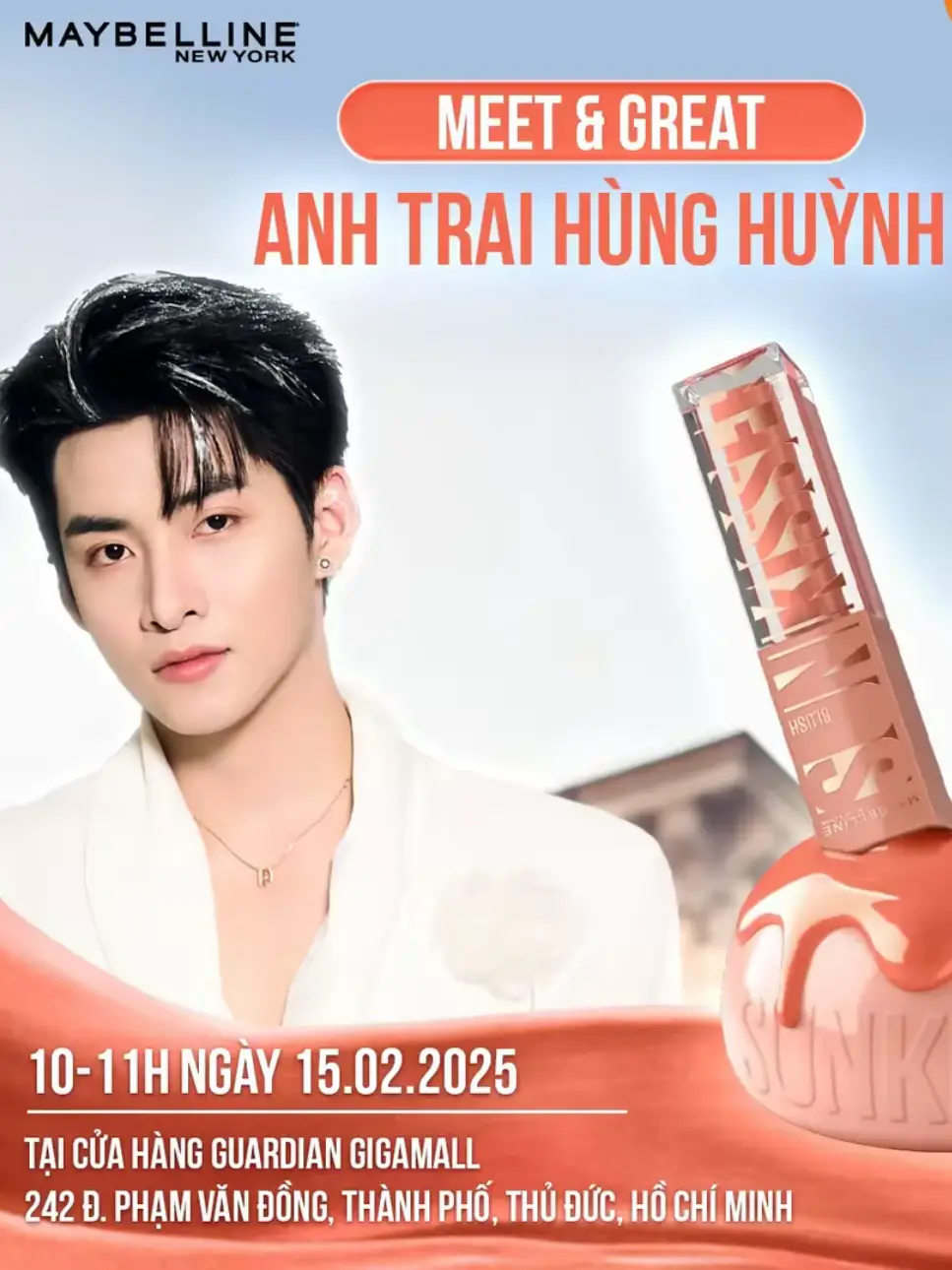 [GUARDIAN X SUNKISSER] SỰ KIỆN RA MẮT MAYBELLINE SUNKISSER - MÁ HỒNG KEM CĂNG MỌNG BỀN MÀU MỚI! Dịp Valentine này, bạn đã sẵn sàng đón nhận những điều ngọt ngào tại GUARDIAN GIGAMALL chưa:  💗Meet & Greet: Gặp gỡ và giao lưu với anh trai HÙNG HUỲNH - từ 10H ngày 15.02.2025 💗Check- in ngay nhận 500 quà tặng liền tay*-từ 9H hàng ngày 14-15-16.02.2025 💗FREE trải nghiệm: chụp ảnh lấy liền xinh xắn tại tiệm bánh Maybelline Sunkisser, trải nghiệm dùng thử má hồng kem Sunkisser, makeup miễn phí bởi makeup artist chuyên nghiệp. 💗Mua 1 tặng 2: Mua 1 má hồng kem Sunkisser tặng ngay 1 nước tẩy trang 40ml và 1 Sunkisser pouch xinh xắn --- 👉Rủ ngay cạ cứng và 