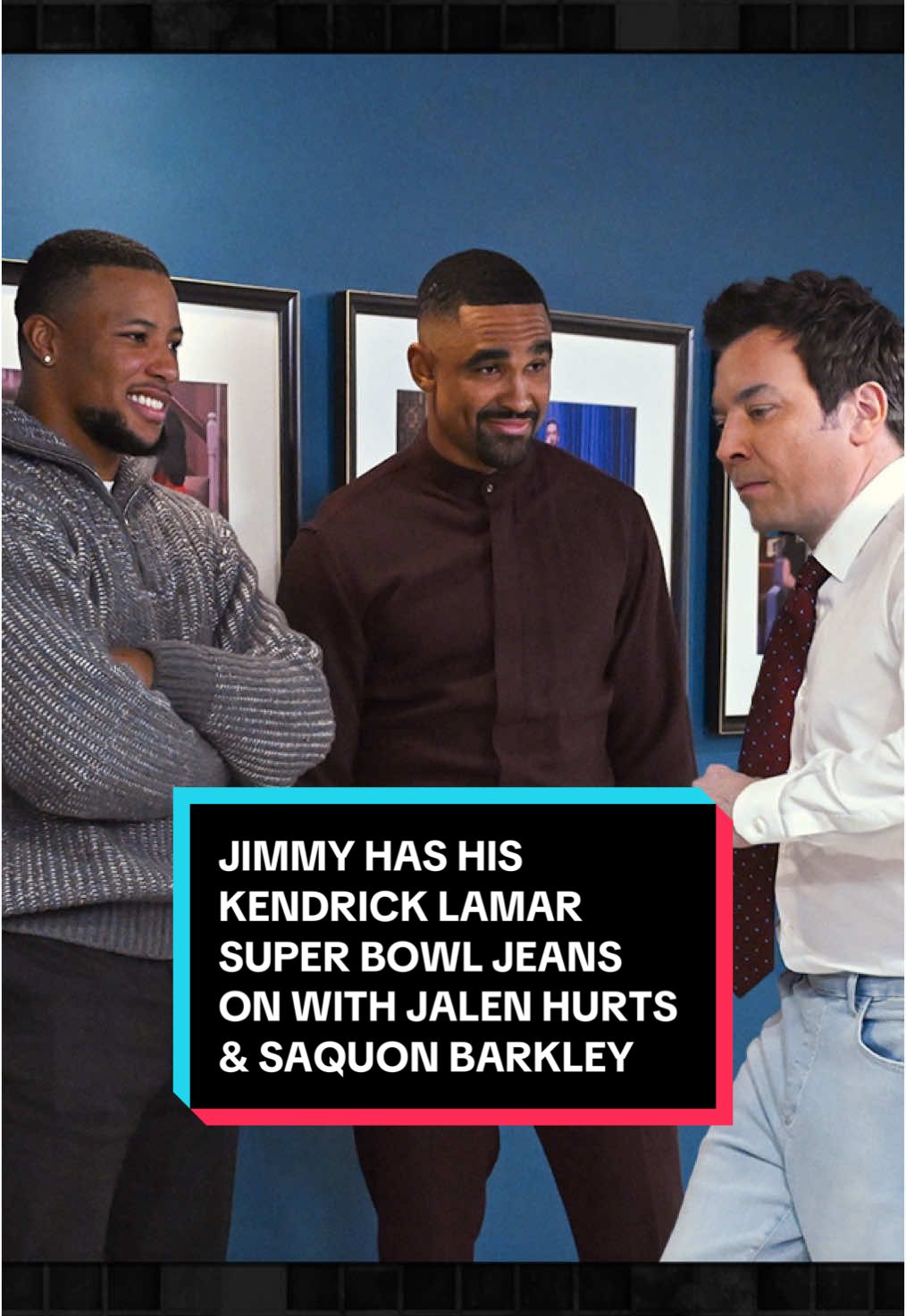 Jimmy has his Kendrick Lamar Super Bowl jeans on with Jalen Hurts & @Saquon! #FallonTonight #TonightShow #JalenHurts #SaquonBarkley #KendrickLamar #SBLIX #SuperBowl #Eagles #FlyEaglesFly #JimmyFallon 