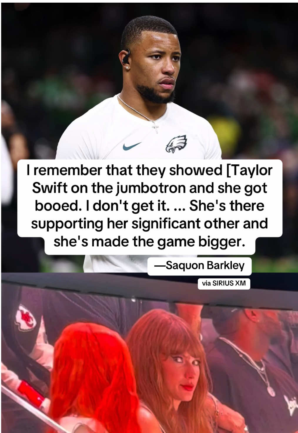 #Saquon Barkley shares his thoughts on #TaylorSwift being shown on the #jumbotron at the #SuperBowl. (via @siriusxm sternshow/IG) #eagles #football 