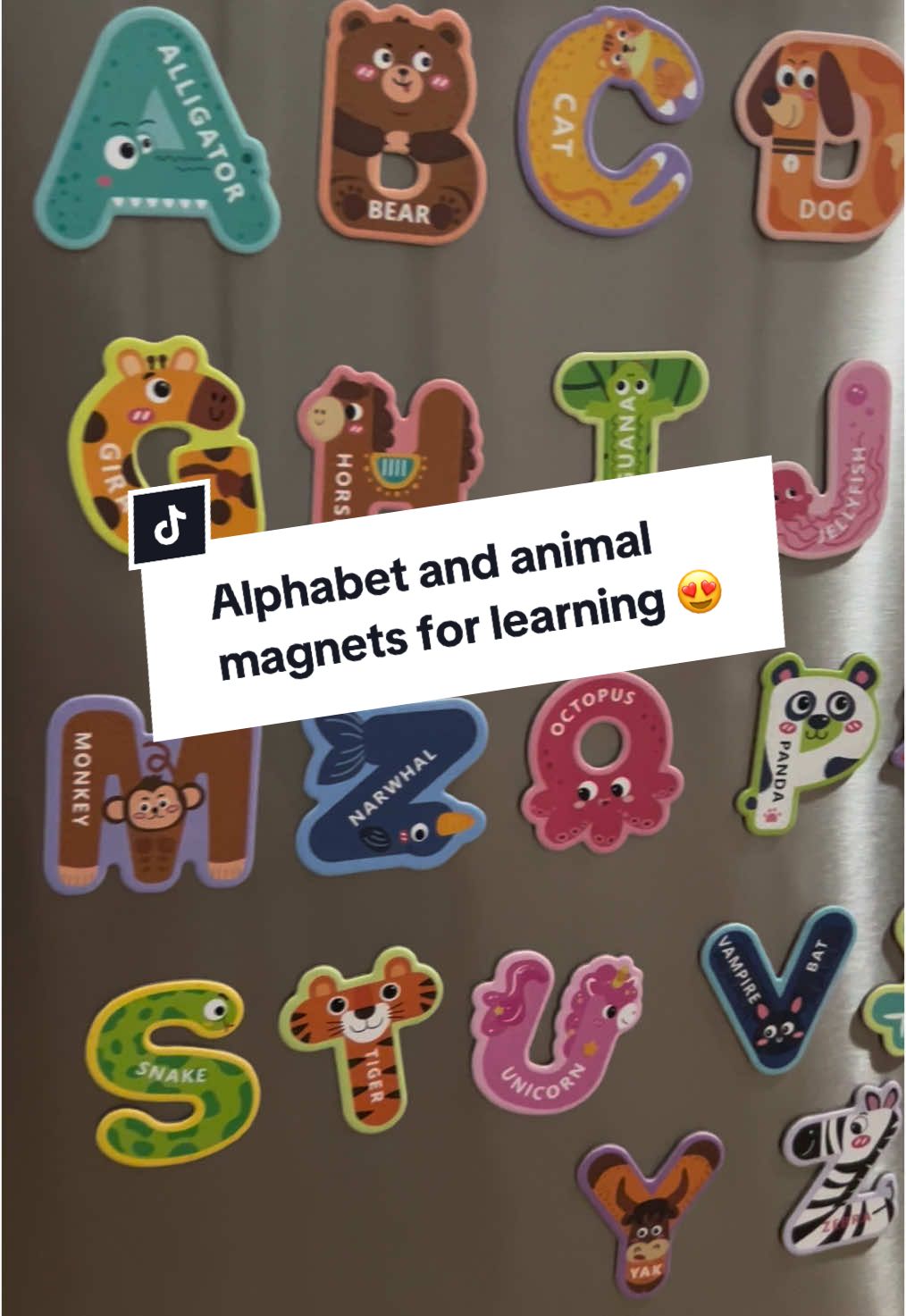 These alphabet magnets are so cute and fun! Your kids can learn the alphabet and the animals! We love using these daily! #alphabet #animals #MomsofTikTok #sahmlife #homeschool #learning #learningtoys #toddlersoftiktok #DailyRoutine #giftguide #springglowup #thebiggame #tiktokshoploveatfistfind #tiktokmademebuyit #lovelanguage 