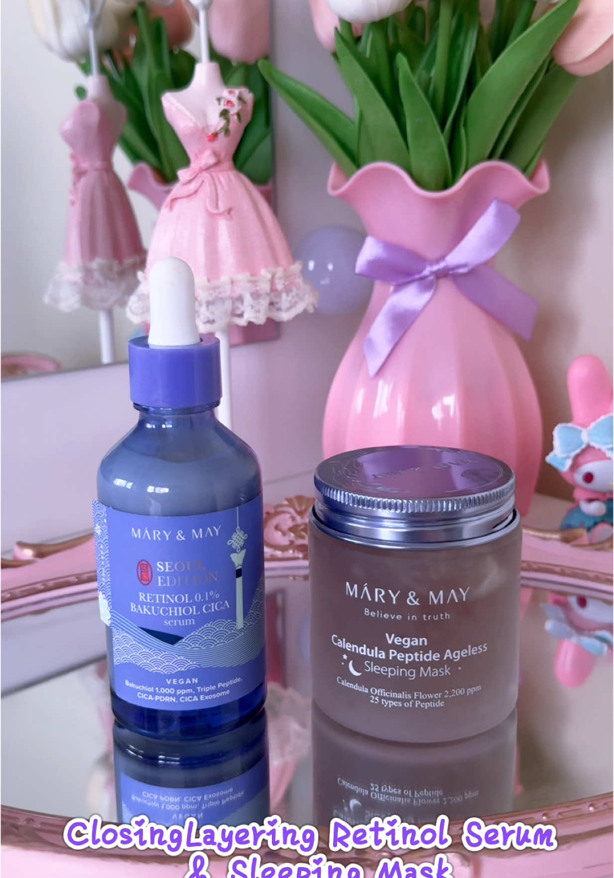 Layering Retinol Serum & Sleeping Mask for glowy skin 💜✨ @Mary&May Official  #marynmay #mymaryandmaymoment #sharemymarynmay #cleanbeauty #believeintruth #crueltyfreebeauty #veganbeauty #koreanskincare #kbeauty #koreanbeauty #retinol #bakuchiol #serum #sleepingmask #antiagingmask 