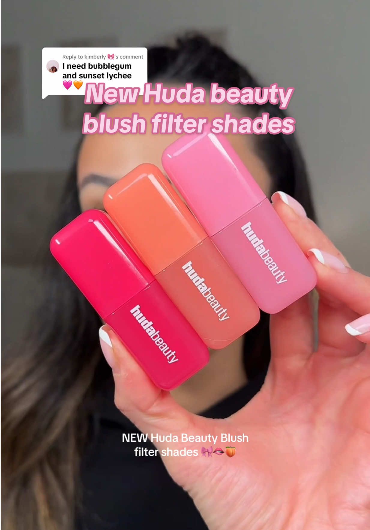 Replying to @kimberly 🎀 new @Huda Beauty  blush filter shades 🫦🍑✨🩷 bubblegum, sunset lychee & intense guava ✨ #hudabeauty #hudabeautyblush #blush #hudabeautyblushfilter #blushfilter #makeup #creamblush (not an ad, product was gifted, no obligation to post)