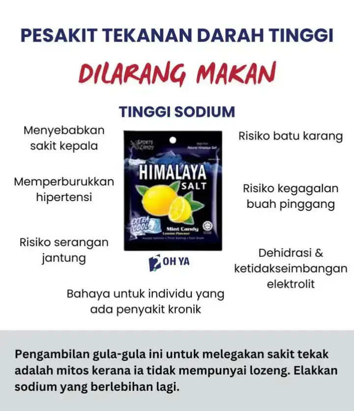 Baru-baru ini, seorang lelaki mengalami degupan jantung laju dan sesak nafas selepas makan hampir 2 paket gula-gula ini. Bila doktor periksa, tekanan darahnya sangat tinggi. Ramai tak sedar bahawa gula-gula ini bukan gula-gula biasa. Ia sebenarnya mengandungi sodium yang tinggi dan sepatutnya diambil semasa aktiviti fizikal seperti bersukan, hiking dalam tempoh panjang, atau bagi individu yang mengalami kekurangan sodium dalam darah.   Jika anda tidak aktif bersukan, hanya bekerja di pejabat, atau kurang bergerak, elakkan pengambilan gula-gula ini! Lebih membahayakan jika anda mempunyai masalah darah tinggi, jantung, atau buah pinggang.  Wanita mengandung yang mahu hilangkan rasa loya juga perlu berhati-hati, terutama jika mengalami pregnancy-induced hypertension (PIH).   Had pengambilan sodium yang disarankan: 2,000mg sehari.  Sumber sodium dalam diet harian:   - 12% dari makanan semula jadi   - 5% dari garam dalam masakan   - 4% dari garam tambahan semasa makan   - 77% dari makanan diproses  Makanan harian anda sudah cukup sodium. Jangan tambah beban pada tubuh dengan pengambilan yang berlebihan. Jaga kesihatan, sayangi jantung anda.#semogabermanfaatJagakesihitan🤗👍 