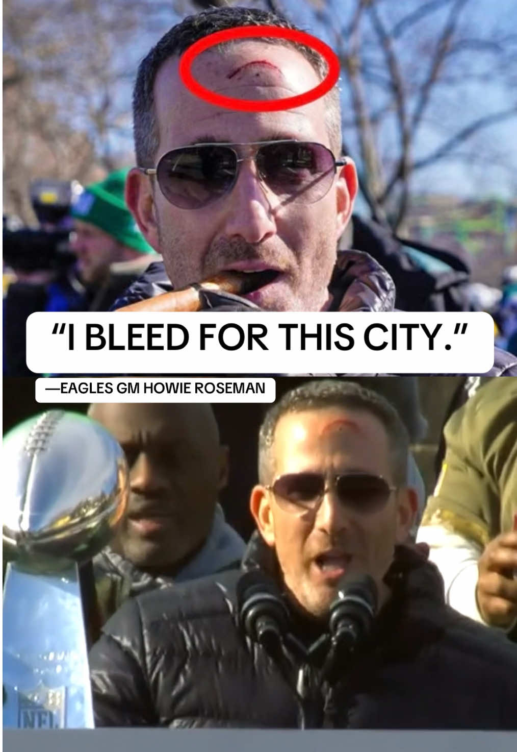 Eagles GM Howie Roseman was hit by a beer mid-parade, but still out there celebrating the Super Bowl win with the city of Philadelphia 👏🥶  #philly #eagles #SuperBowl #parade #fail 