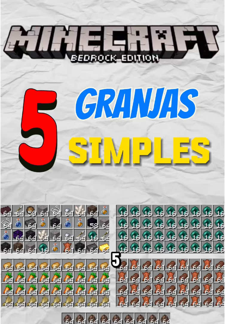 🧿🧱🥔 LAS 5 GRANJAS MÁS SENCILLAS, DE MINECRAFT BEDROCK 1.21 🥕🥩👨‍🌾 #Minecraft #minecraftbedrock #fyp 