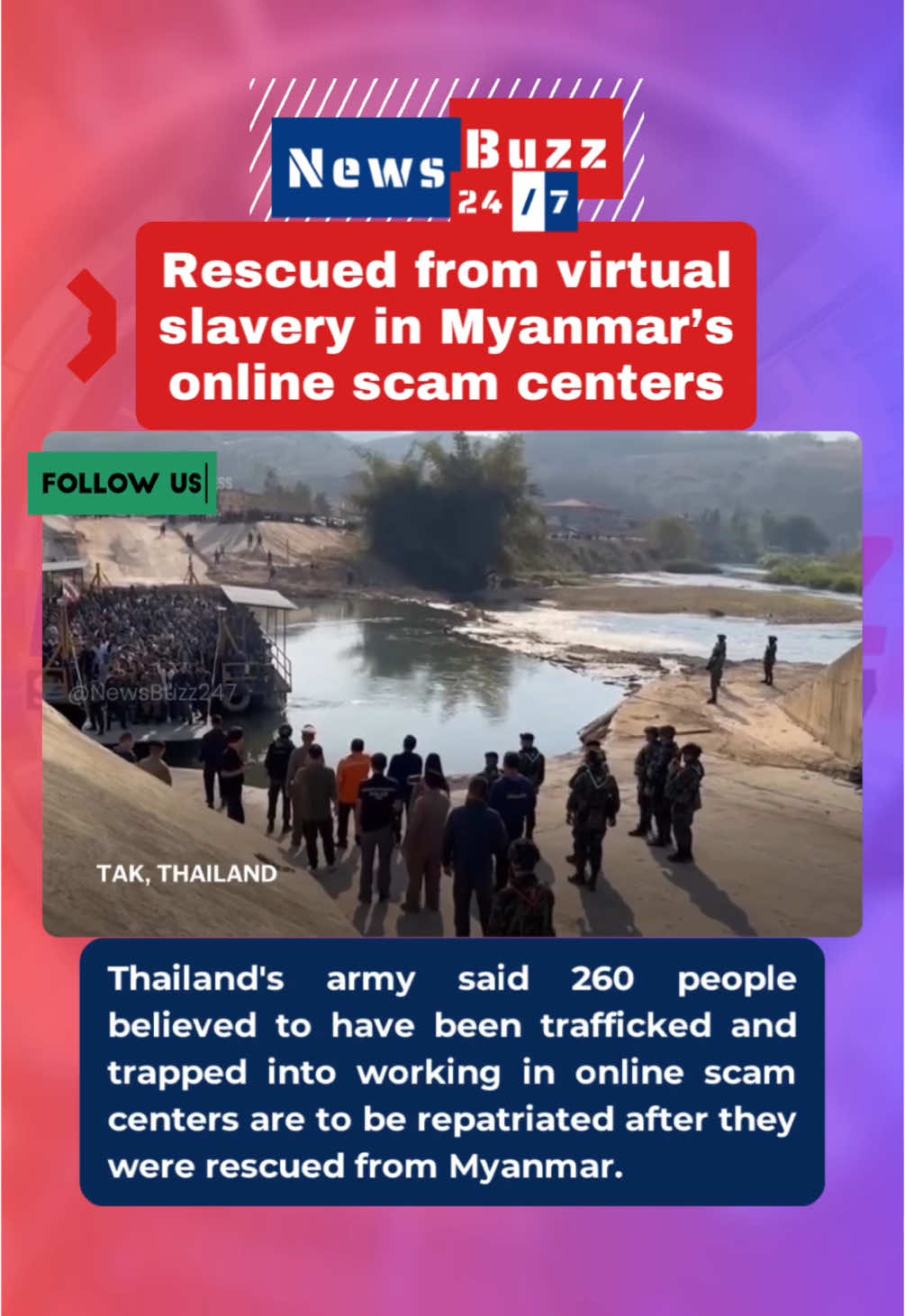 The army said that those rescued in the most recent operation came from 20 nationalities — with significant numbers from Ethiopia, Kenya, the Philippines, Malaysia, Pakistan and China. There were also nationals of Indonesia, Nepal, Taiwan, Uganda, Laos, Brazil, Burundi, Tanzania, Bangladesh, Cambodia, Sri Lanka, Nigeria, Ghana and India. They were sent across the border from Myanmar’s Myawaddy district to Thailand’s Tak province on Wednesday. #Myanmar #MyanmarRescue #Thailand #Cambodia #SriLanka #Ghana #Uganda #Taiwan #China #Burundi #Nepal #Bangladesh #Brazil #ArmyOperation #Scammers #Indonesia #Ethiopia #NewsBuzz247 #WorldNews #TikTokNews #FYT #FYF #ForYouPage #ForYouFeed 
