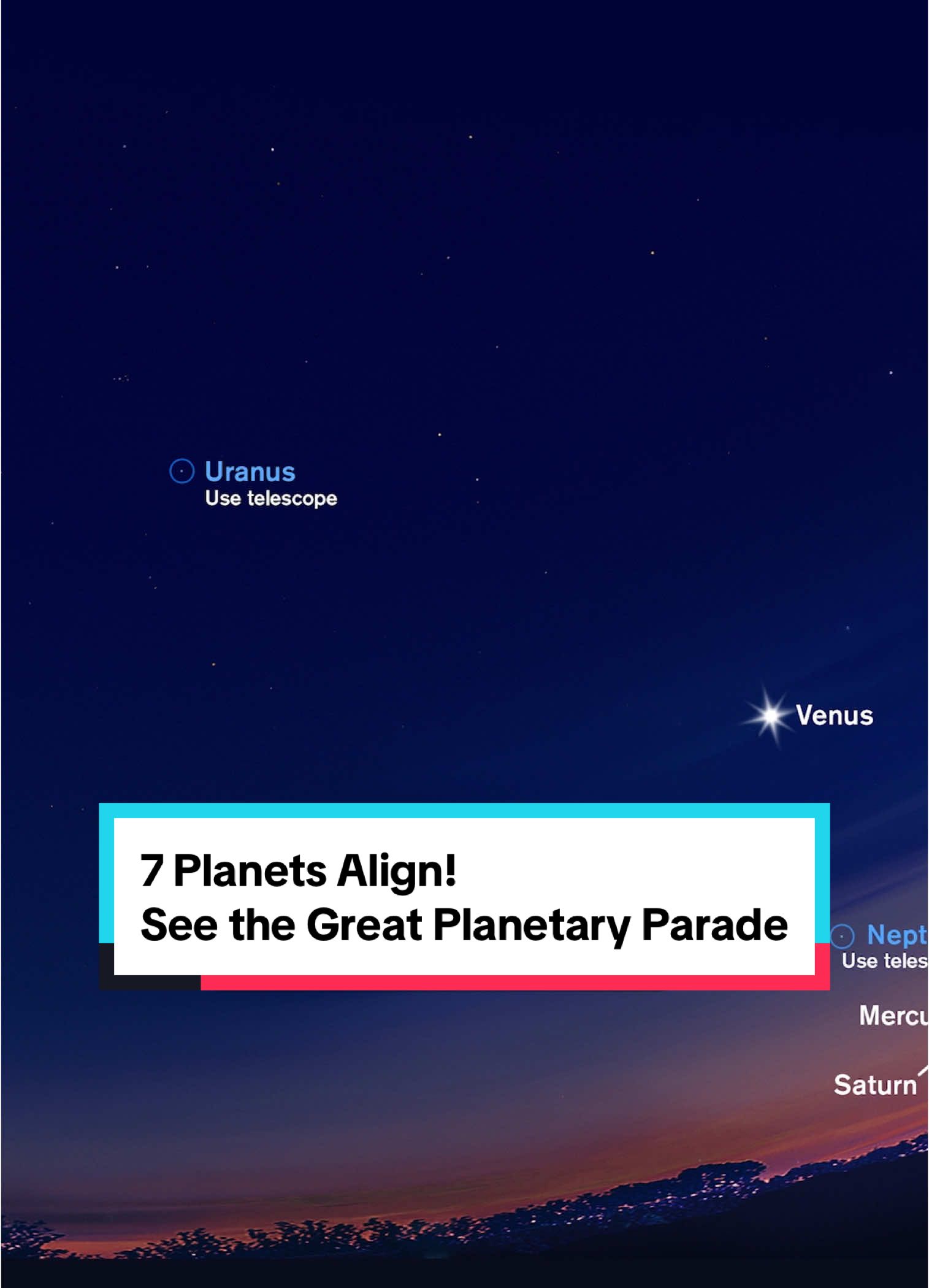 Don’t miss the rare Planetary Parade featuring all seven of our solar system’s planets! 🪐   For a week in February, the planets will be aligned in the night sky–Mars, Mercury, Venus, Saturn, and Jupiter will be visible to the naked eye, while Uranus and Neptune you’ll need a telescope to see.   #PlanetaryParade #Planet #SolarSystem #SpaceTok #Astronomy #Astrophotography 