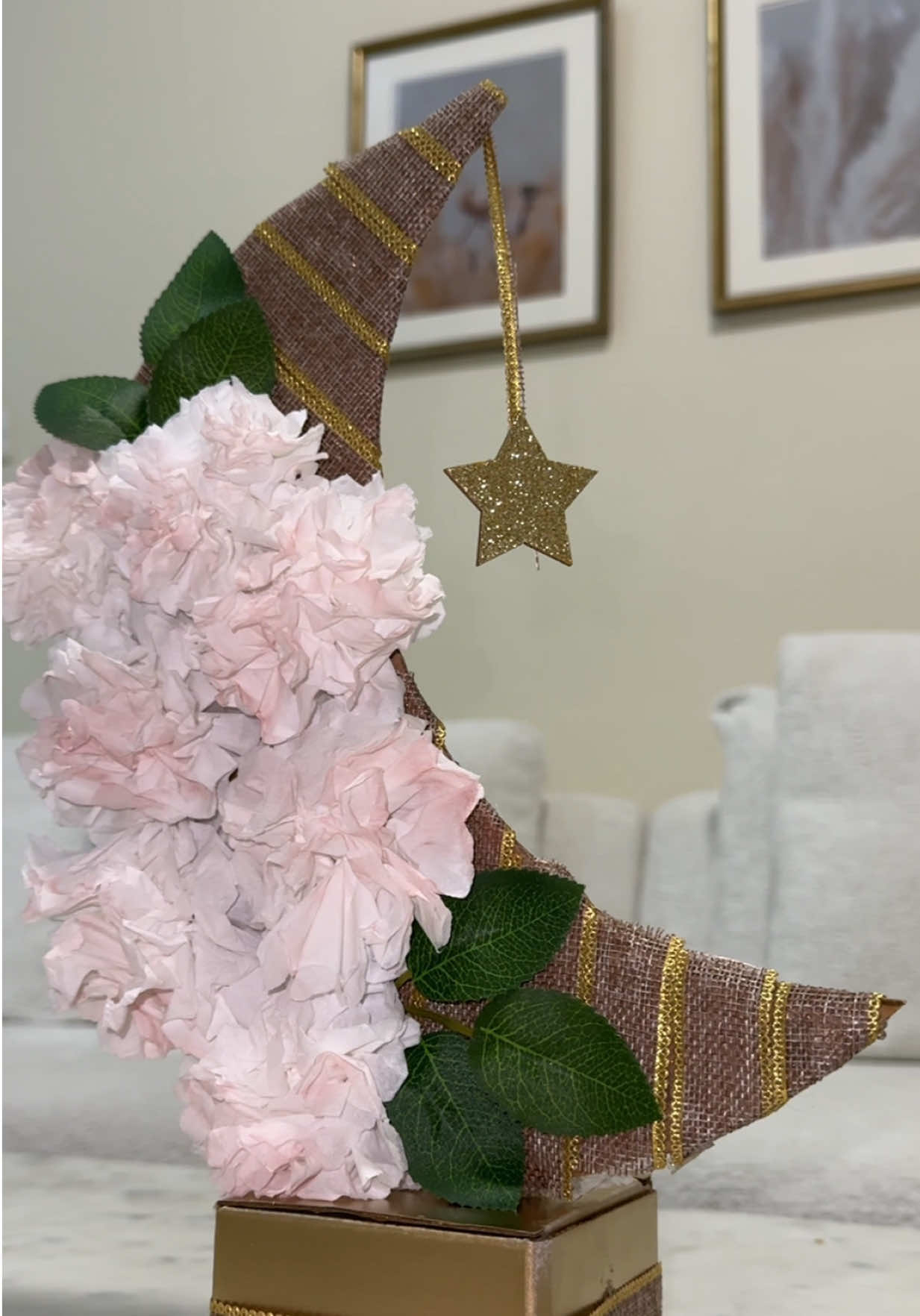 Ramadan Hilal  no artificial flowers and no Iron ring no problem here is an idea to make Ramadan Hilal with recycled materials only ❤️ all u need cardboard ribbon, and tissue papers ❤️ #DIY #diyhomedecor #diyideas #diyinspiration #diyhomedecor #diyprojects #diyhomeprojects #homeinspo #homeaccessories #ramadandecorations #ramadandecor #Ramadan #homeimprovement