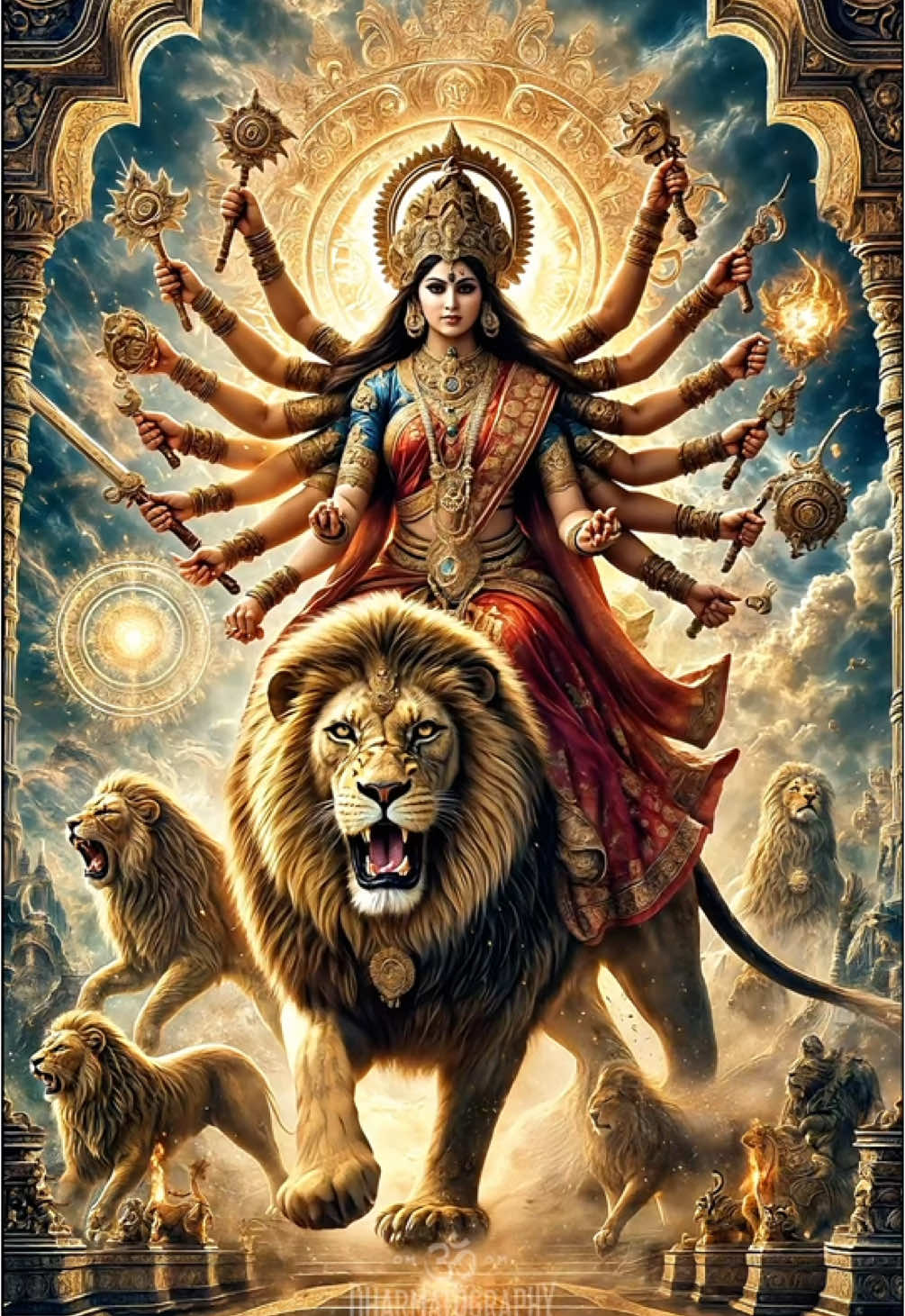 🕉️🙏Goddess Durga riding the lion Majestic and fierce, Goddess Durga commands her lion with unmatched grace and power, embodying the triumph of good over evil. Hashtags: #DurgaMaa #DivineFeminine #Navaratri #GoddessDurga #Shakti #LionRide #VictoryOfGood #MahishasuraMardini #DeviDurga #DurgaBhakti #SacredFeminine #DeviWorship #DivinePower #HinduMythology #DurgaIllustration #SpiritualArt #CinematicArt #LionSymbolism #EmpoweredDevi #9avatarofgoddessdurga 