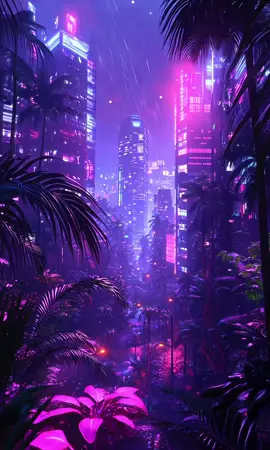 Neon purple storm in a tropical cyberpunk city 🌴🌩️💜 #FuturisticVibes #CyberpunkRain #PurpleNeon #DigitalOasis #StormyCity #NightVibes #UrbanTropical 