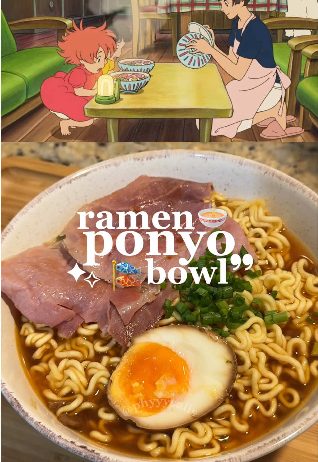 bowl de ramen da ponyo 🍜  um dos meus filmes favoritos (acho que nem deu pra notar, né? 👀) a fotografia das comidas do studio ghibli foi uma das razões pelas quais eu me apaixonei pela culinária (entre muitas outras) 🤍 assistir os filmes é que nem receber um abraço quentinho em um dia frio e nublado! pra quem nunca assistiu, vale a experiência 🫂💗✨ - Ingredientes para a marinada dos ovos:  ovos cozidos (7 minutos na água fervendo) shoyu cebolinha alho ralado gengibre para o ramen:  presunto crudo ramen instantâneo (usei o jinramen)  mais cebolinha o modo de preparo está no vídeo, mas qualquer dúvida é só comentar aqui embaixo :)💗