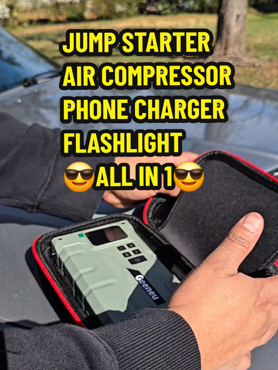 Este jump starter de 5000A tiene compresor de aire que puede inflar hasta 150PSI. Es banco de energía y lampara, todo en uno. #jumpstart #automotive #portableaircompressor #jumpstarter #carcare #roadtrip  #emergencykit #compresordeaire 