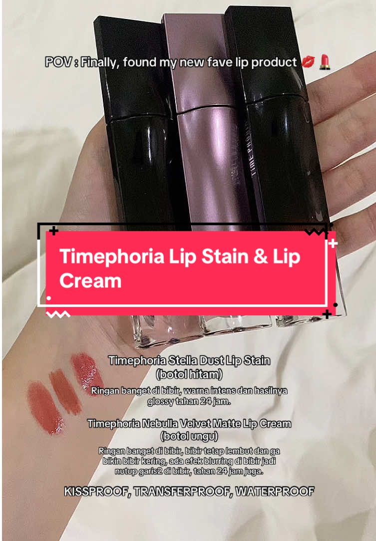 Timephoria lip stain untuk efek glossy yang fresh & tahan lama, atau lip cream dengan velvet-matte finish yang super comfy? Pilih favoritmu dan glow up effortlessly! ✨💋  #lipstain #liptint #lipcream #lipcombo #fyp #viral #BeautyTok #lipproducts 