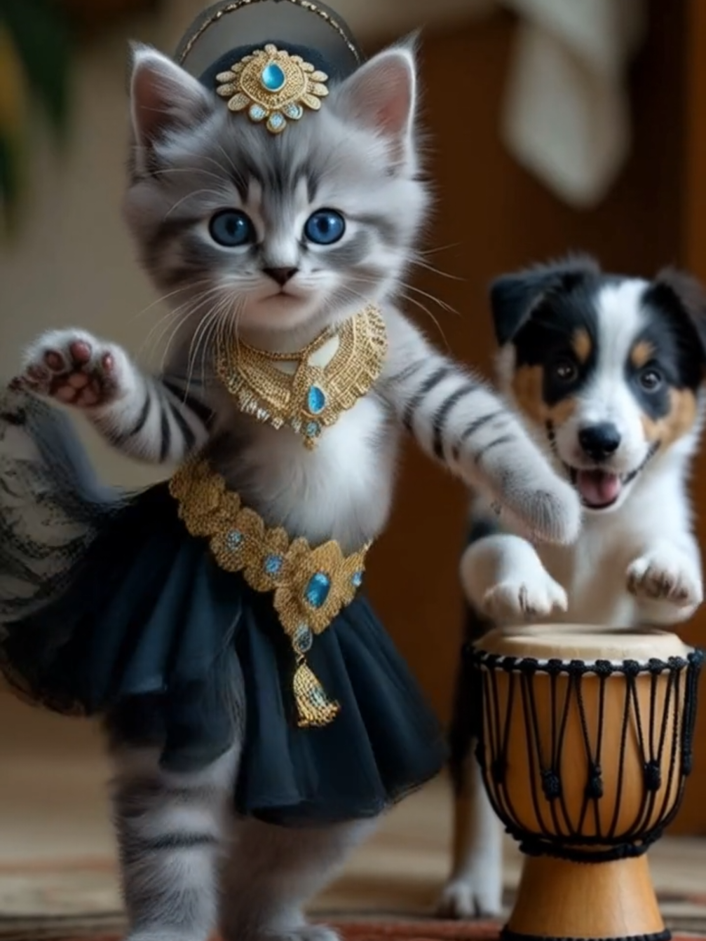 Can’t look away! 🤩 Grooving kitten 💃 & slacking puppy 🥁🐶💤 The cutest duo ever! 🐾🤣