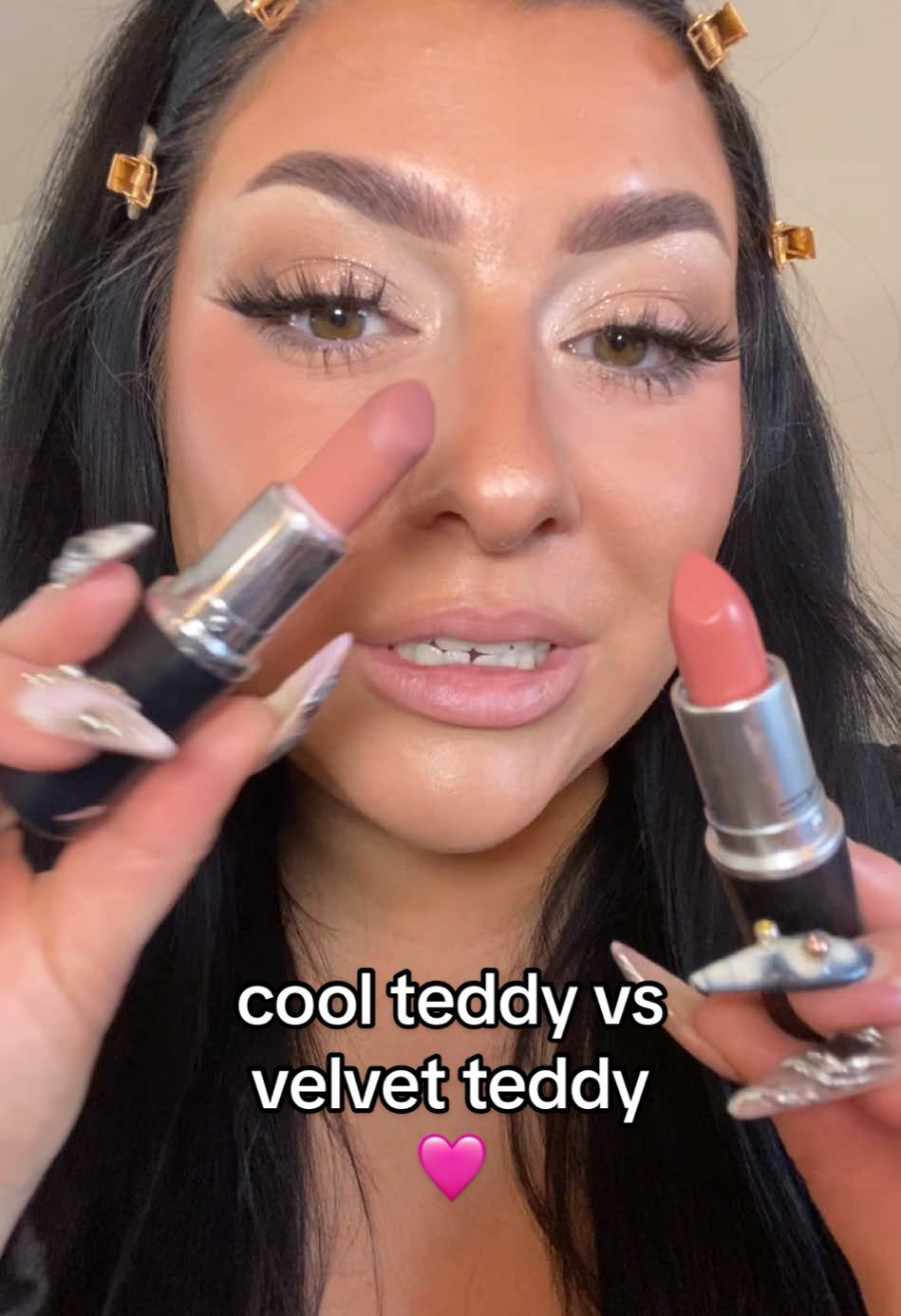 comparing @maccosmetics velvet teddy vs cool teddy 🤎 #maccosmetics #macvelvetteddy #velvetteddy #coolteddy #maccoolteddy #maclipstick #makeupreview #makeupcomparison 