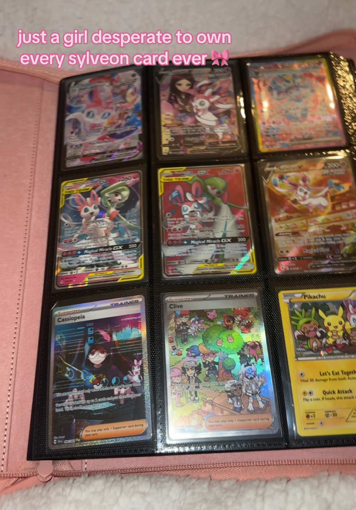 some of my cards are in grading at the moment fingers crossed they get a 10 bc they looked so cute in my binder 🙈🎀  #fyp #foryou #pokemon #eevee #sylveon #prismaticevolutions 