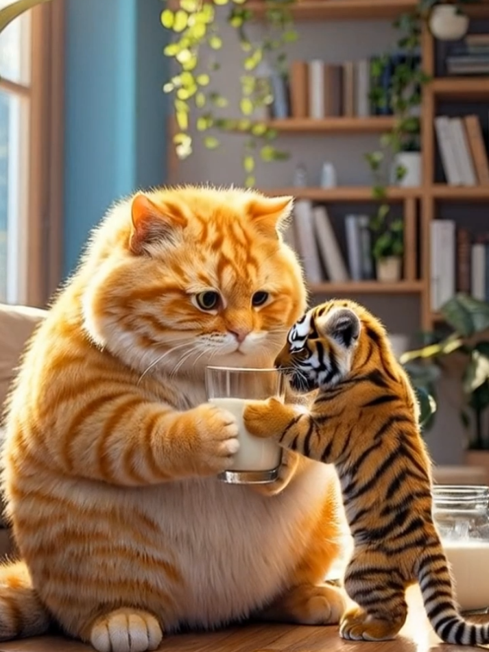 Cat meets a little cute tiger in the rain & cooks soup #foryou #ai #cat #aicat