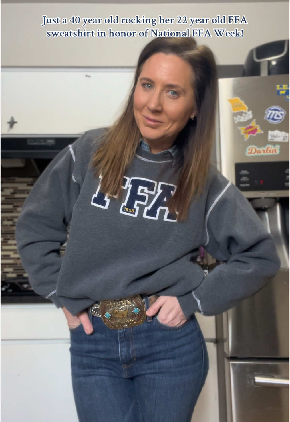 A normal person probably wouldn’t be wearing an old #ffa sweatshirt 22 years later. #ffaalumni #OOTD #nationalffaweek #ffaweek #fyp #almuni #agriculture #farmtok #fashion @Kimes Ranch @RockinKingCustoms 