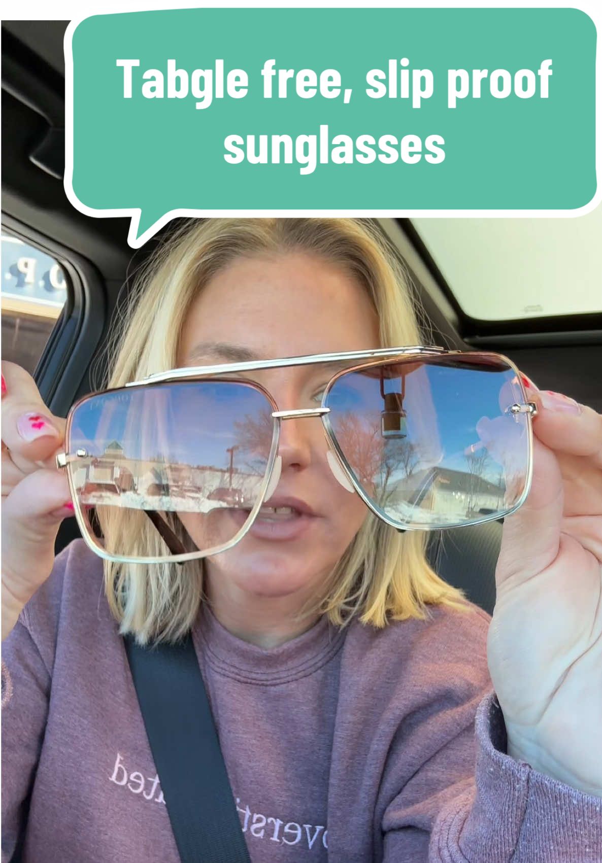 I am obsessed with these sunglasses! No more tangles - wear them on your head without worry! #sunglasses #moms #tanglefreesunglasses #sunnies 