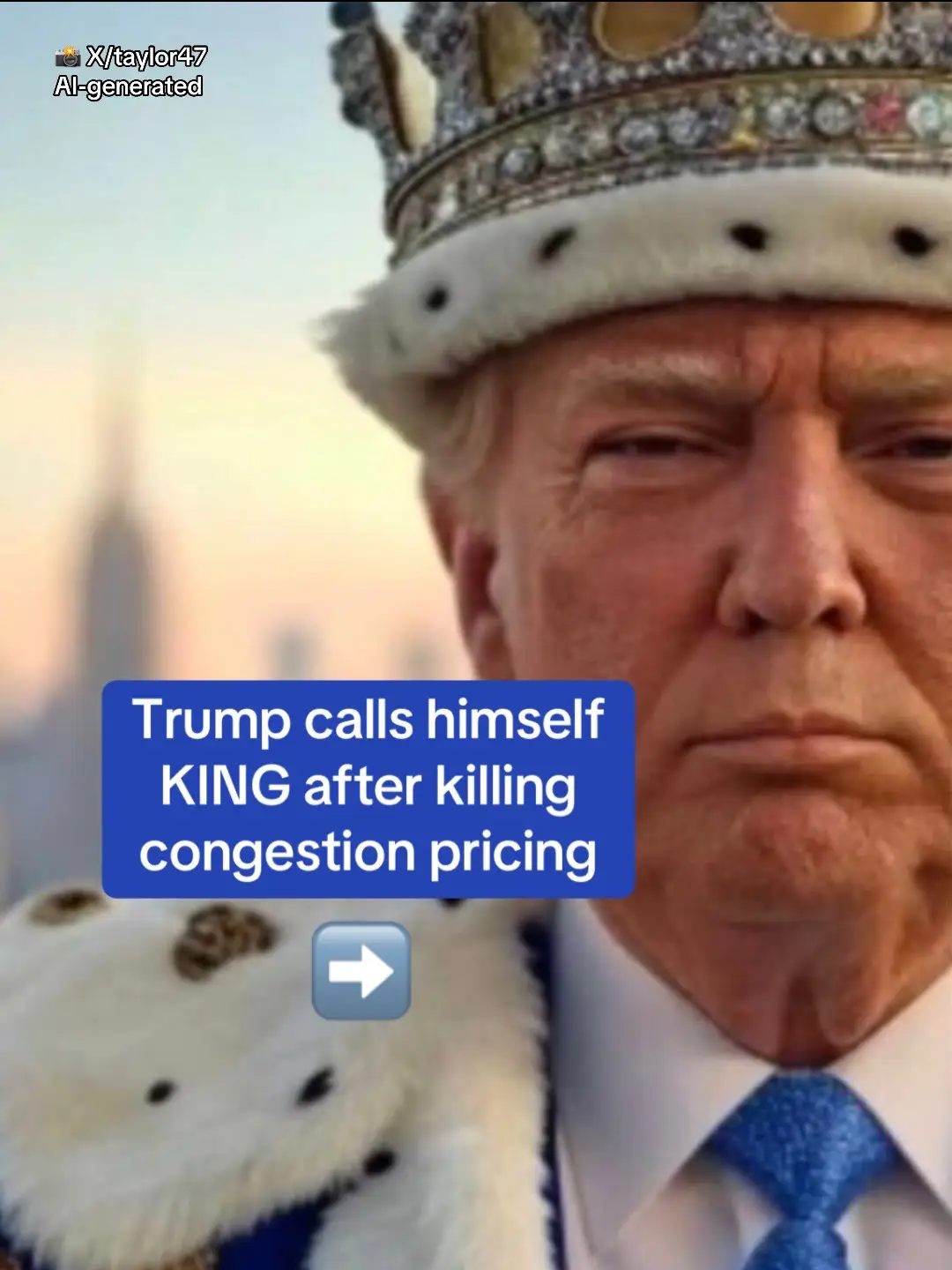 President Donald Trump labeled himself a 'KING!' on Wednesday after his administration halted New York City's congestion pricing system. White House deputy chief of staff Taylor Budowich went a step further, sharing the message along with what appeared to be an AI image of Trump posing as a king. Before taking office, Trump had vowed to take on the program, which charges a $9 toll on most vehicles entering Manhattan neighborhoods south of Central Park. The New York Governor has quickly clapped back, saying that the Southern District of New York planned to sue. Read the full story at DailyMail.com. 📸 X/taylor47, TruthSocial/realDonaldTrump #news #trump #newyorkcity #politics #whitehouse #manhattan 