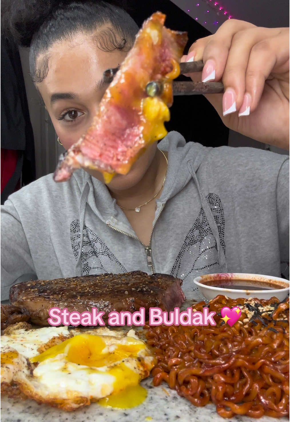 Yall this was truly good asf. Like go to the kitchen rn and make some! Ngl the noodles was HOT ASF THO ! I added two packs of the buldak sauce! LORDDDD!!! 😭😭 #fyp #fypシ #fypage #trending #viralvideo #viraltiktok #explore #shorts #mukbang #eating #buldak #steak #creatorsearchinsights 