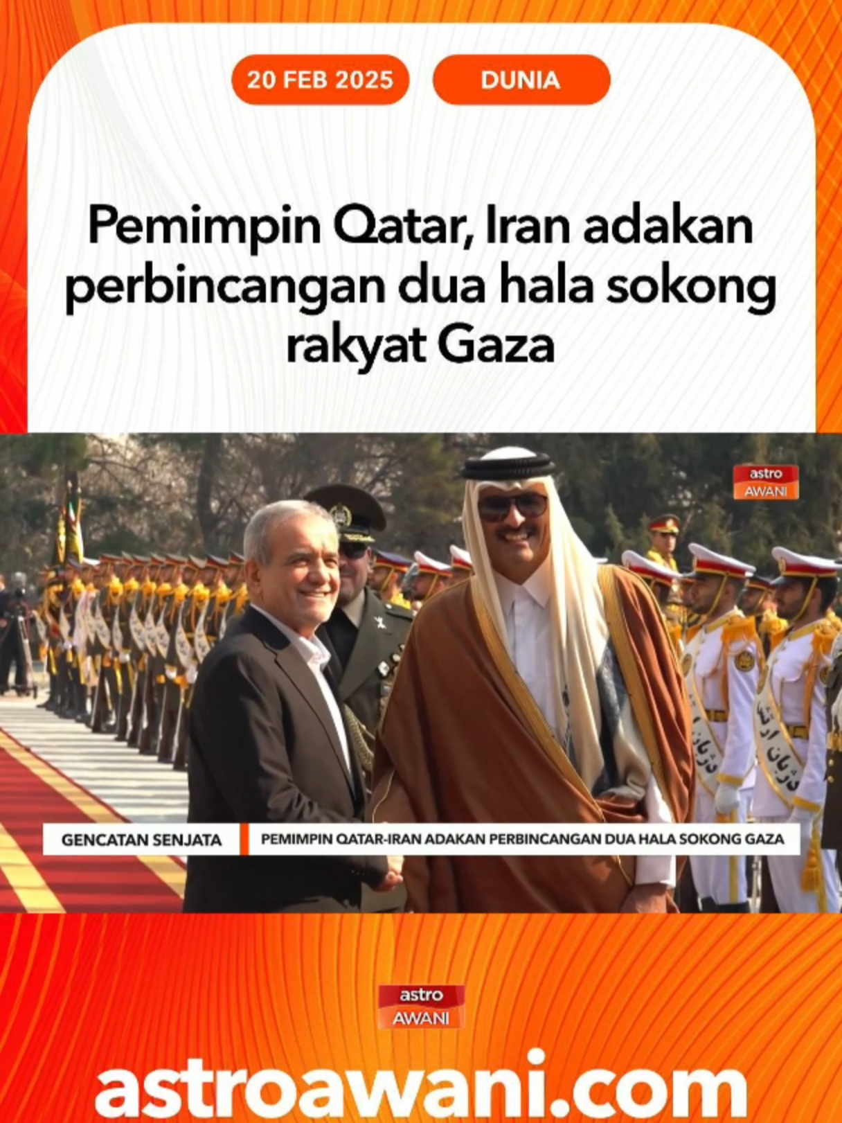 Pemimpin Qatar, Sheikh Tamim bin Hamad Al Thani, mengadakan perbincangan dua hala dengan Presiden Iran, Masoud Pezeshkian ketika lawatannya ke Tehran pada Rabu. #AWANInews