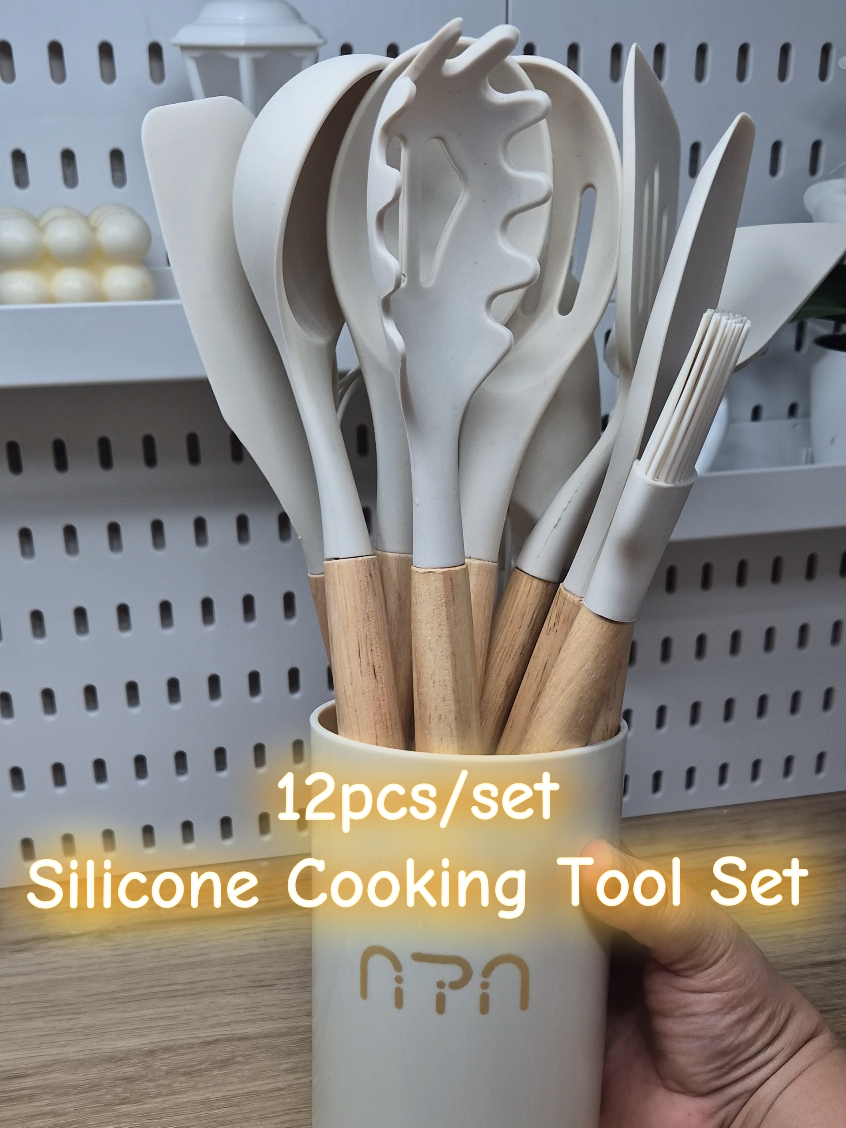 Nipiin 12pcs/set Silicone Cooking Tool Set Durable Wooden Handle #foryoupage #fyp #foryoupageofficiall #silicone #siliconecookingtool 