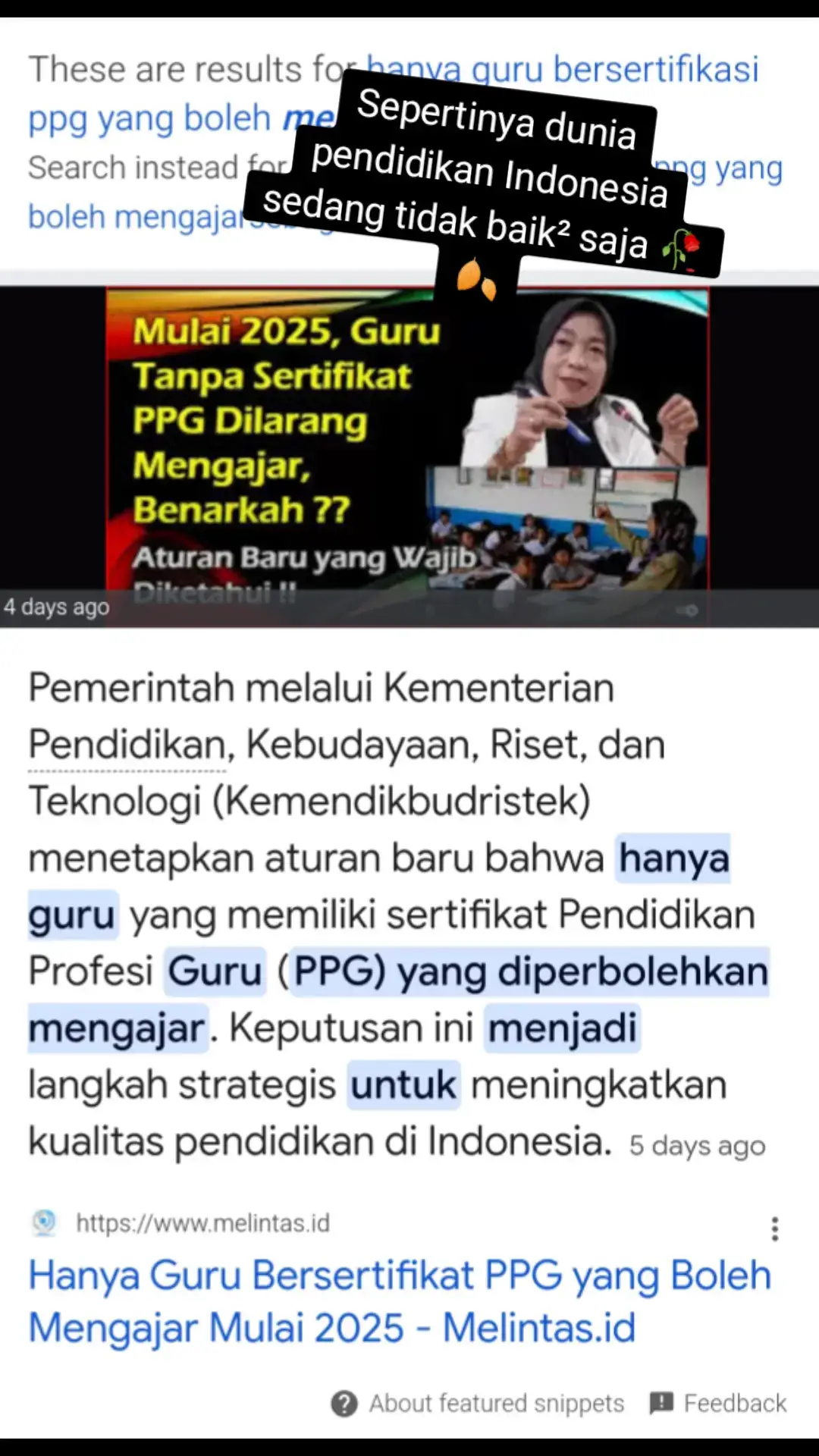 MELINTAS.ID - Dunia pendidikan Indonesia akan mengalami perubahan besar pada tahun 2025. Pemerintah melalui Kementerian Pendidikan, Kebudayaan, Riset, dan Teknologi (Kemendikbudristek) menetapkan aturan baru bahwa hanya guru yang memiliki sertifikat Pendidikan Profesi Guru (PPG) yang diperbolehkan mengajar. Keputusan ini menjadi langkah strategis untuk meningkatkan kualitas pendidikan di Indonesia. #ppg2025 #ppgdaljab #pendidikan #efisiensi #pesertappg #honorer #swasta #zyxbca #fyplah #fypシ゚viral🖤tiktok #fyppppppppppppppppppppppp 