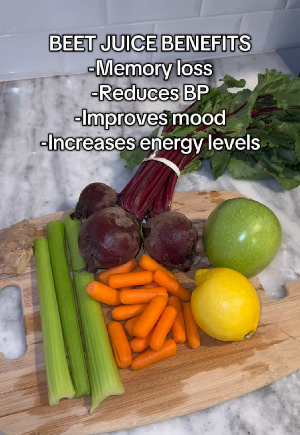 Try this beet juice recipe to help with memory loss, blood pressure, mood improvements, and increased energy. Beets, celery, green apple, carrots, ginger and lemon! #beetjuice #carrotjuice @Ninja Kitchen 