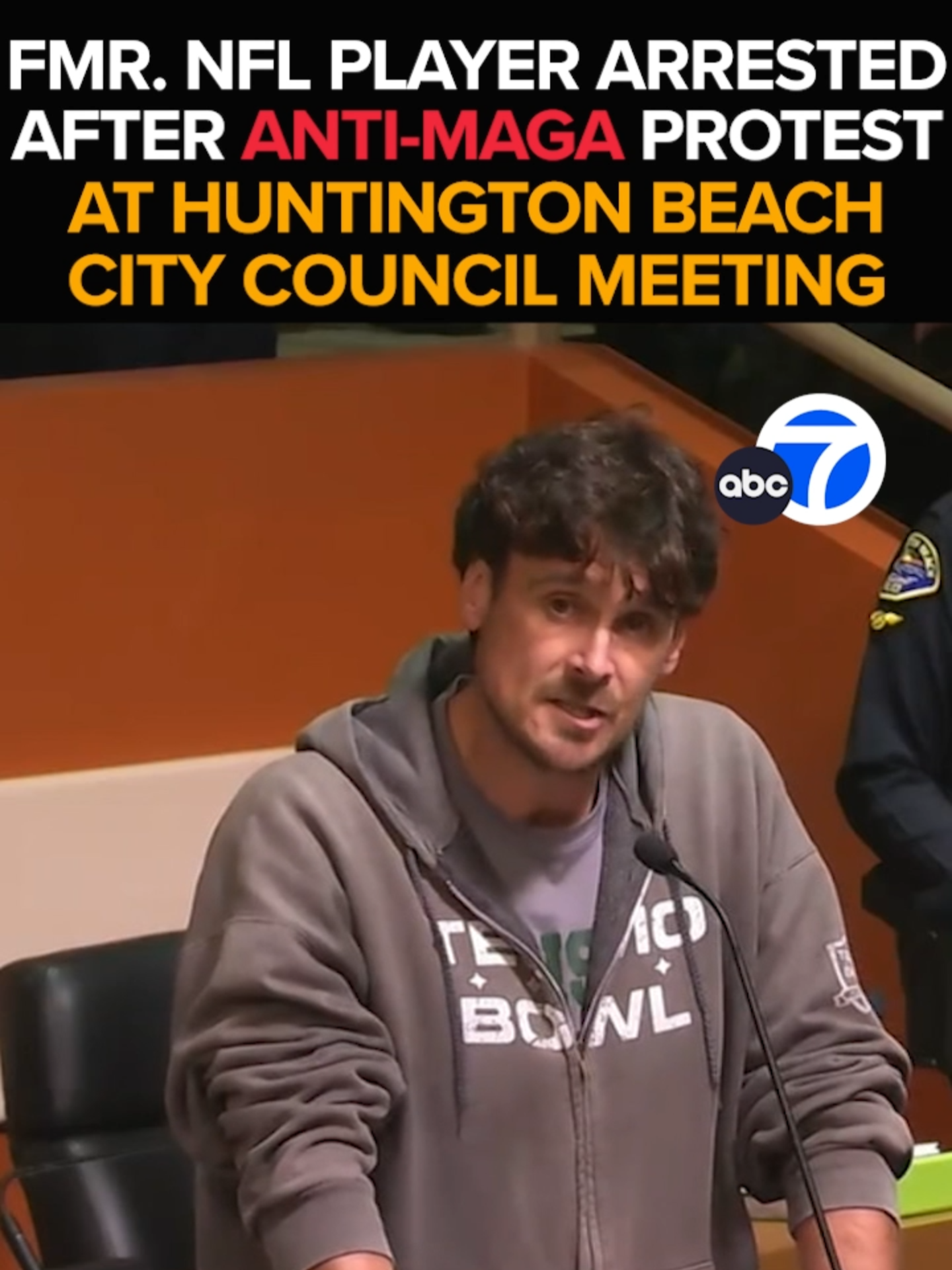 Former #Minnesota #Vikings punter #ChrisKluwe is arrested after an anti-MAGA protest during a #HuntingtonBeach City #Council #meeting. The former #NFL player is taken away in handcuffs as he approaches city council members after a speech against the city's plan to create a 'MAGA' plaque celebrating a local #library.