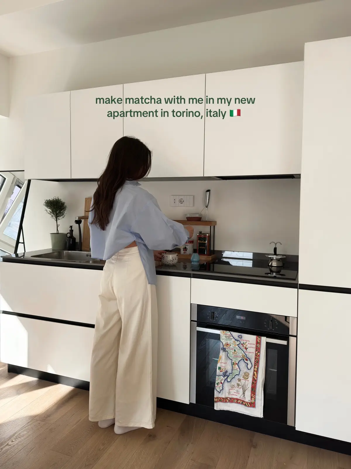 making matcha in my new cucina ☺️🍵 it’s been quite hectic settling in but moments like these make me so happy & I’m looking forward to more sunny days like these! wearing my new @Marcella NYC shirt  #lifeinitaly #pinterestaesthetic #matcha #slowmorning #movingtoitaly 