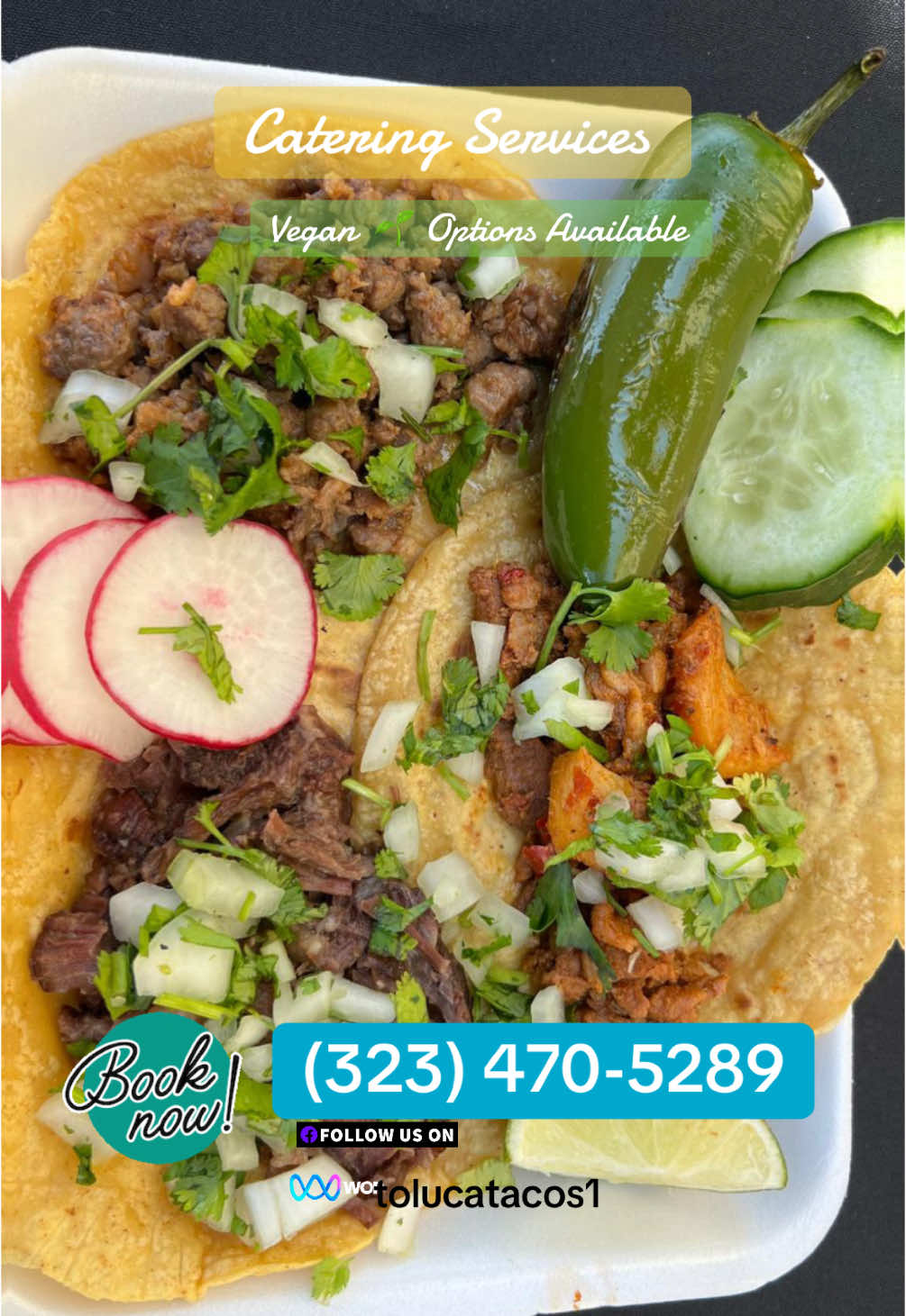 The best of Toluca Tacos fresh at your event!  We use only fresh and natural ingredients, we cook everything we use, never frozen or from cans.  ‼️BOOK YOUR NEXT EVENT‼️ 📲 (323) 470-5289 📧 tolucatacos1@gmail.com #tacos #taco #besttacos #besttacosintown #catering #veganoptions #quesadilla #quesadillas #southbay #california #gardena #inglewood #carson #torrance #losangeles #eastla #la #besttacos #glendale #redondobeach #sanpedro #sanbernardino #santamonica #SmallBusiness  #downey #cerritos  #food #tacoslovers #asadatacos #tacosarelife #Foodie 