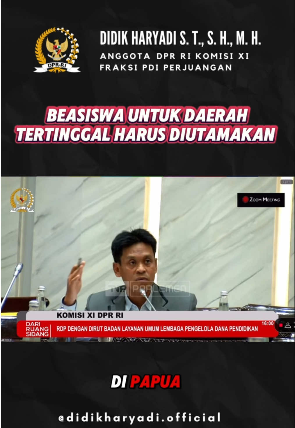Beasiswa harus mengutamakan daerah yang tertinggal. Agar terjadi pemerataan pendidikan di Nusantara. #DidikHaryadi #TepatiJanji #dprri #pendidikan #Boyolali #semangatberjuang #lpdp #pendidikanpapua #indonesiatimur #orangtimur #indonesiagelap #indonesiaemas #indonesiaemas2045 