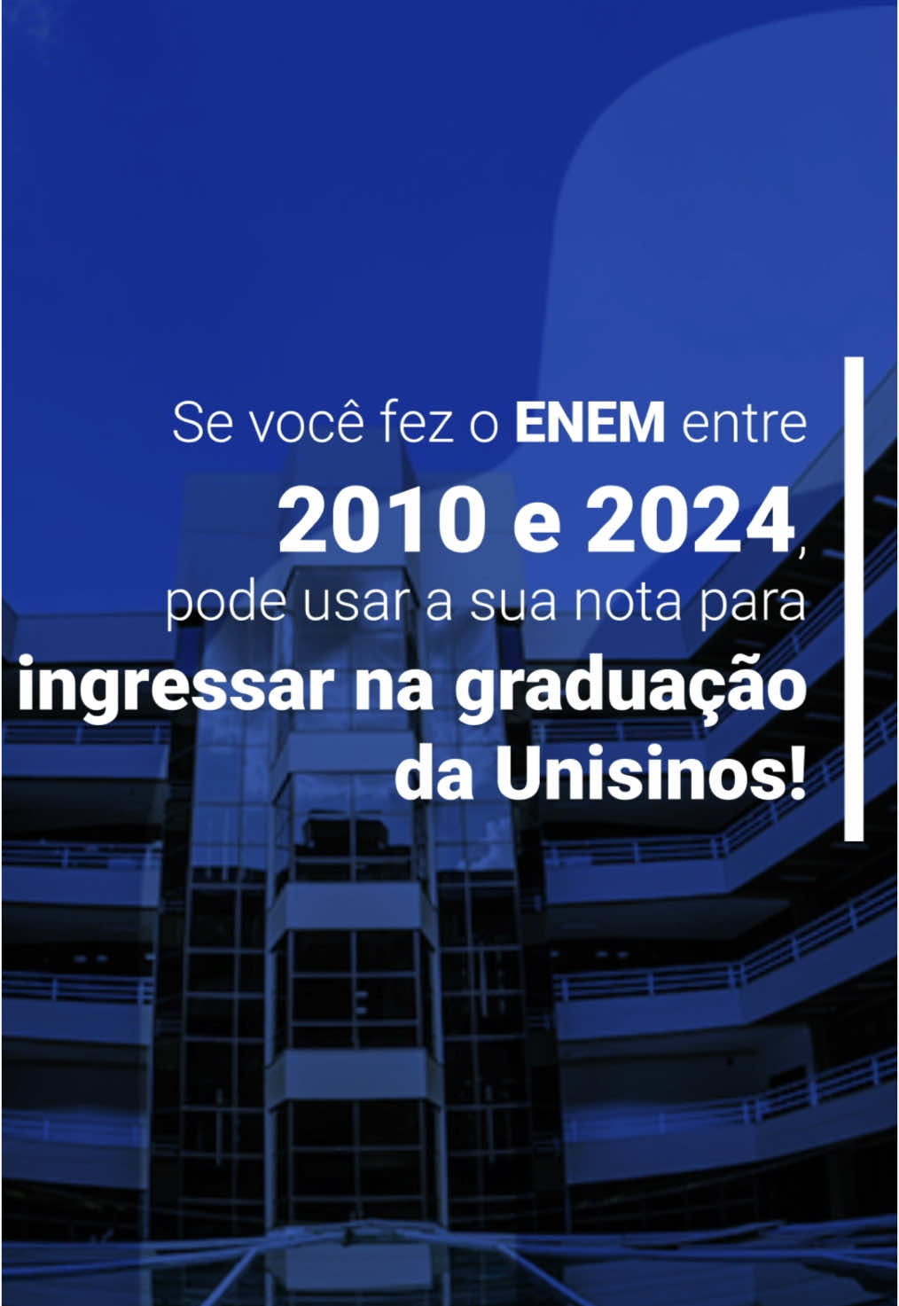 Você lembra o que estava fazendo em 2010? 👀  Se uma das respostas for “prova do ENEM”, boa notícia: você pode usar sua nota para iniciar sua graduação na Unisinos! Basta ter feito o processo seletivo entre 2010 e 2024.  Saiba mais sobre formas de ingresso no link da bio 💙