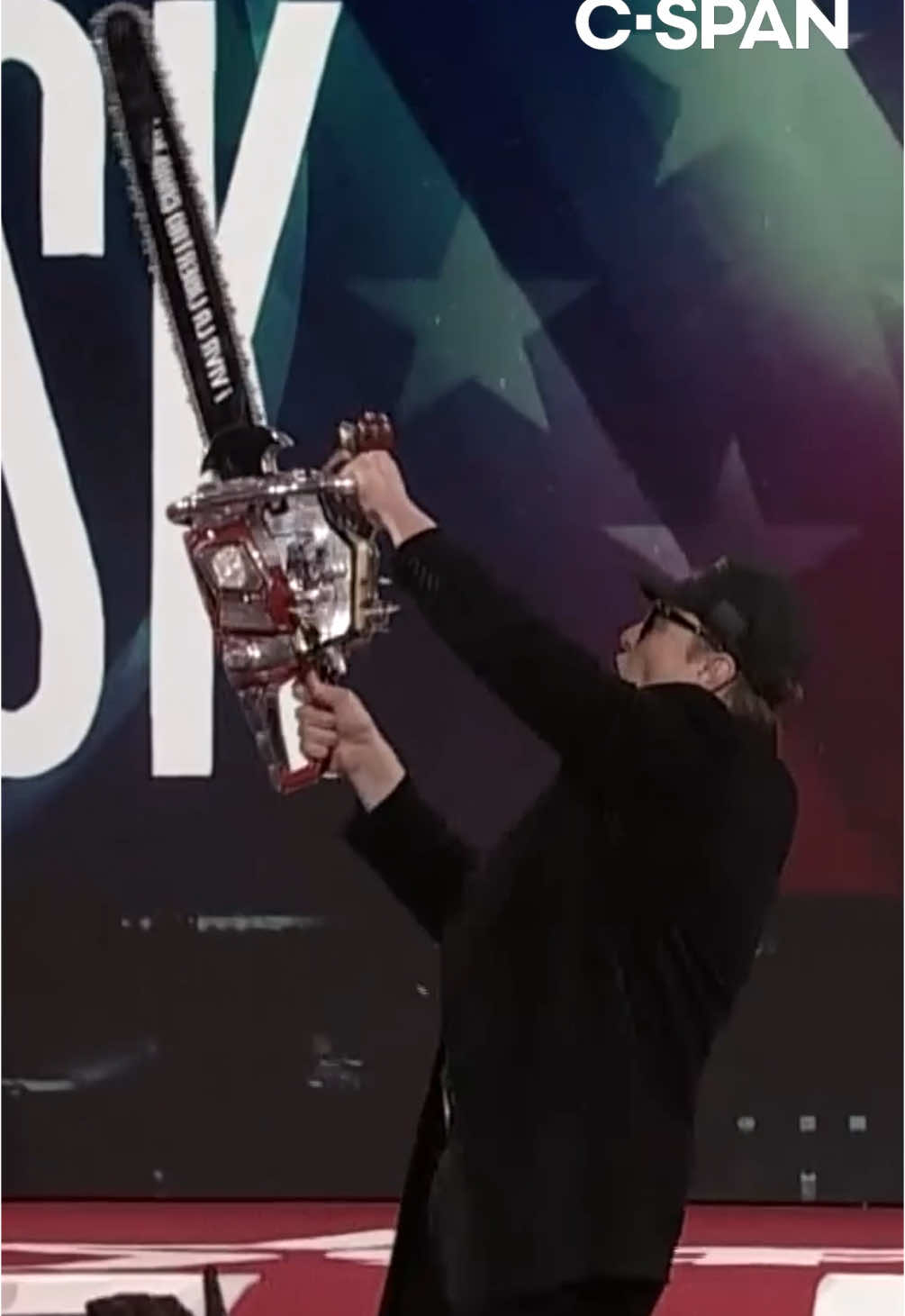 Elon Musk received a chainsaw as a gift from Argentinian President Javier Milei at the Conservative Political Action Conference (CPAC) on Thursday.   “This is the chainsaw for bureaucracy,” Mr. Musk said as he held the power tool up on stage in National Harbor, Maryland. #elonmusk #musk #javiermilei #cpac #cspan 