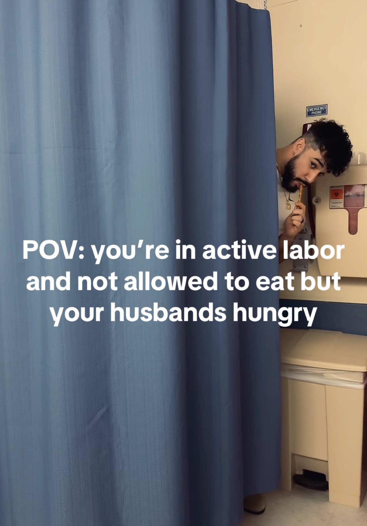 He had to eat behind the curtain or else 🙃 #firsttimemom #laboranddelivery #husbandandwife #pregnant #pregnancy #pregnancyjourney #pregnancyjourney 