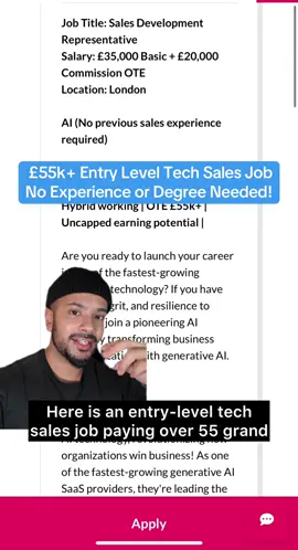 Here’s the perfect entry level tech sales job if you have no experience or a degree! Comment asking for the link and I’ll dm you! #techsales #techjobs #techtok #fyp #sales #entrylevel 