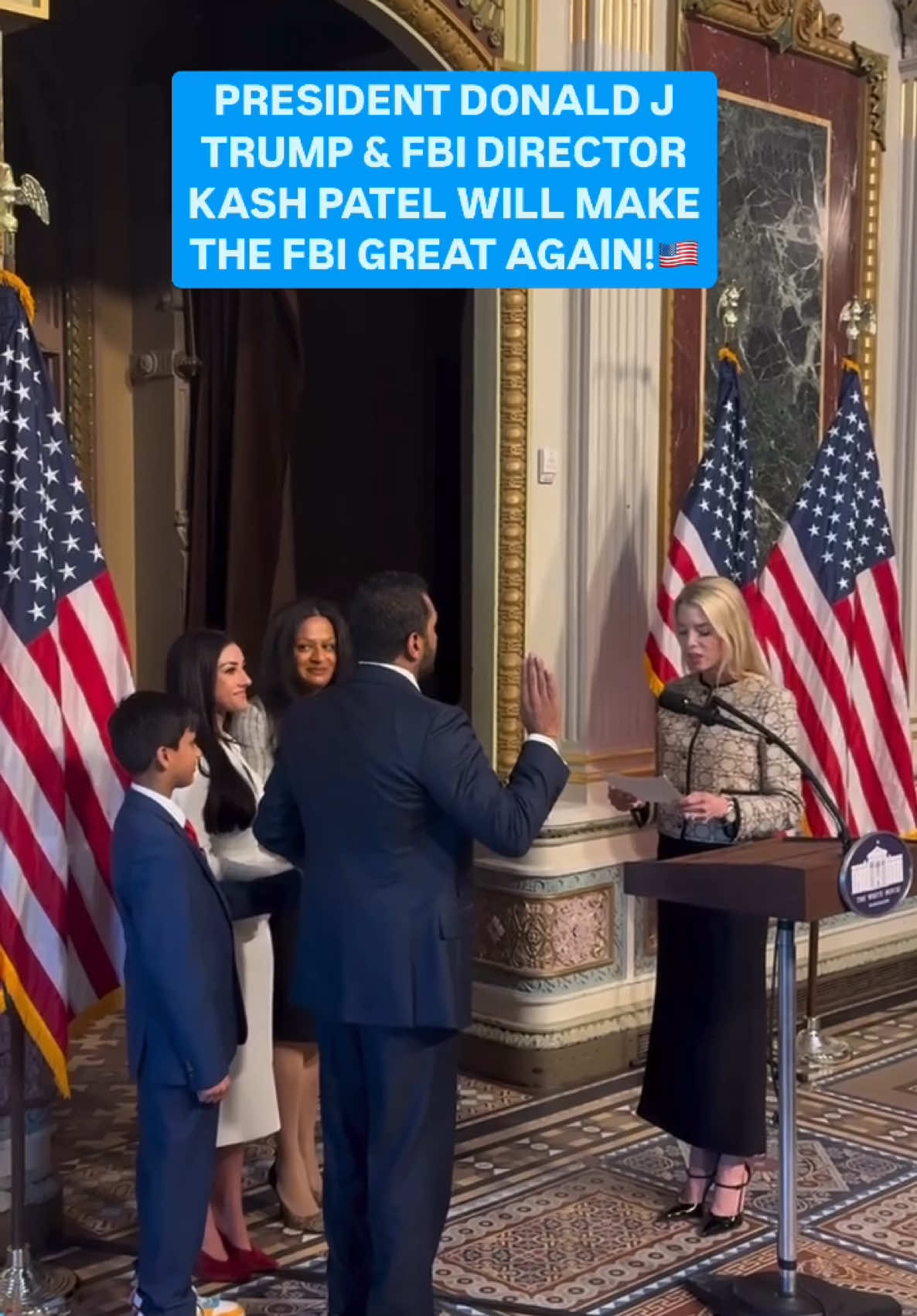 BREAKING NEWS: Kash Patel being sworn in today by Attorney General Pam Bondi, as the new FBI DIRECTOR! MAKE AMERICA & THE FBI GREAT AGAIN! @potus @teamtrump @whitehouse 📸: @sebastian_gorka 🇺🇸🇺🇸🇺🇸🇺🇸🇺🇸